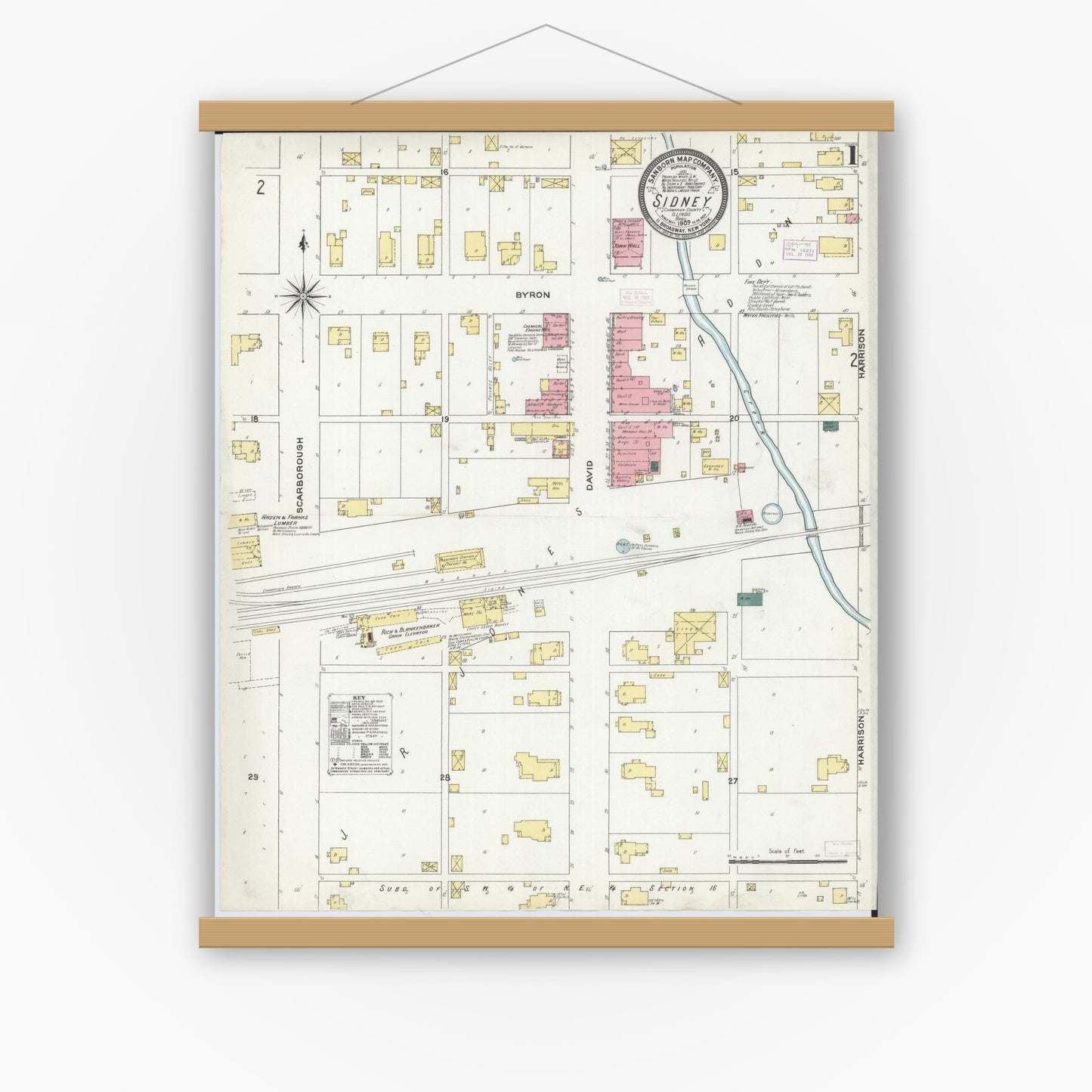 Old map wall art mockup — magnetic wood frame on white wall — Sanborn Fire Insurance Map from Sidney, Champaign County, Illinois (1909), Sheet #0001