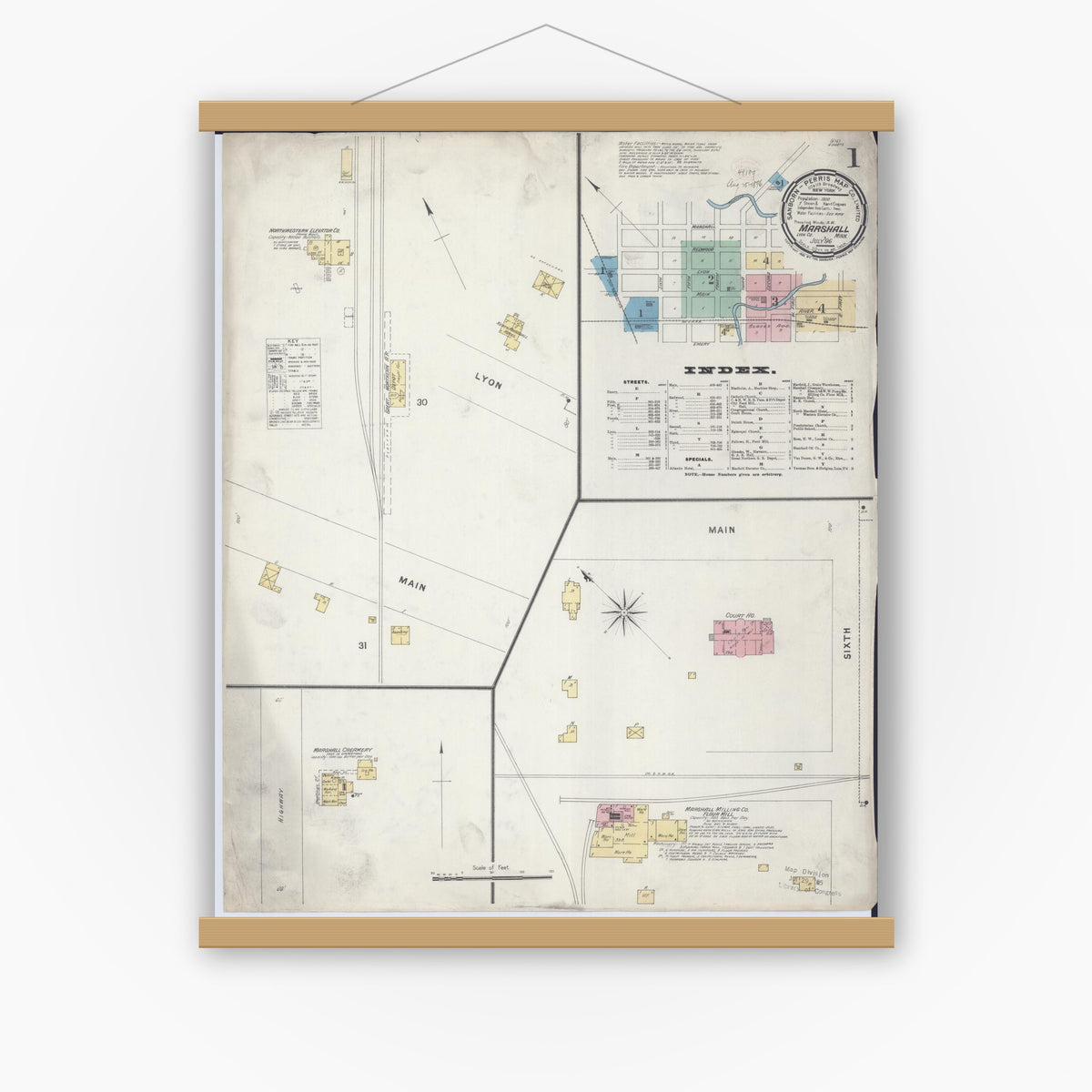 Old map wall art mockup — magnetic wood frame on white wall — Sanborn Fire Insurance Map from Marshall, Lyon County, Minnesota (1896), Sheet #0001