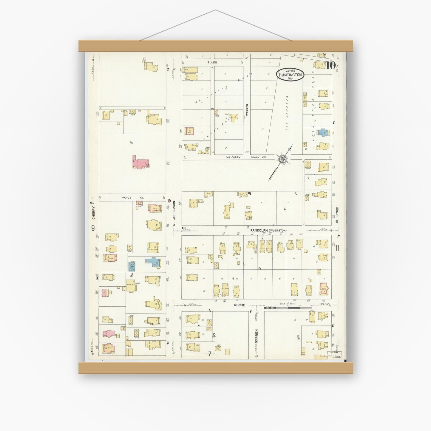 Old map wall art mockup — magnetic wood frame on white wall — Sanborn Fire Insurance Map from Huntington, Huntington County, Indiana (1912), Sheet #0010