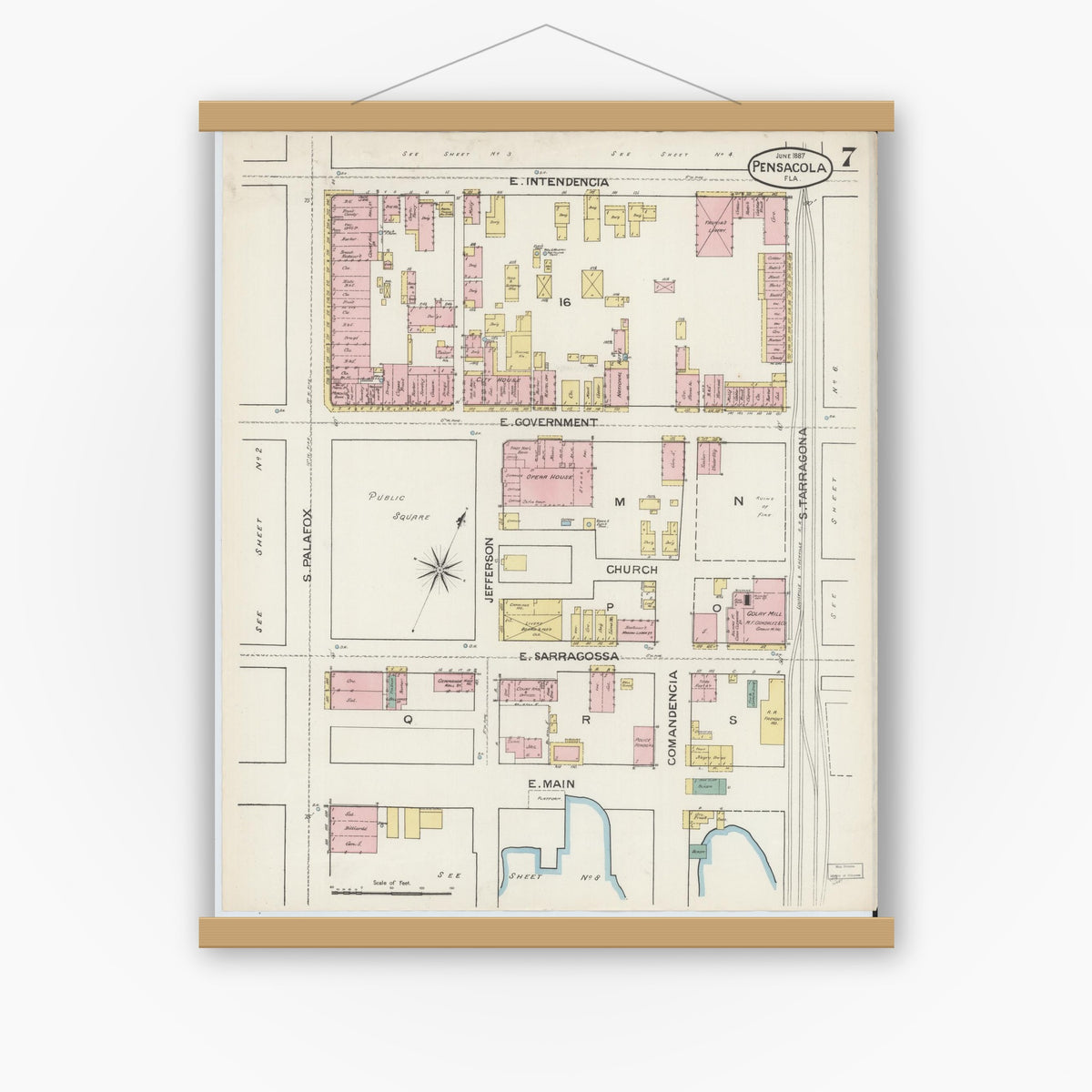 Old map wall art mockup — magnetic wood frame on white wall — Sanborn Fire Insurance Map from Pensacola, Escambia County, Florida (1887), Sheet #0007