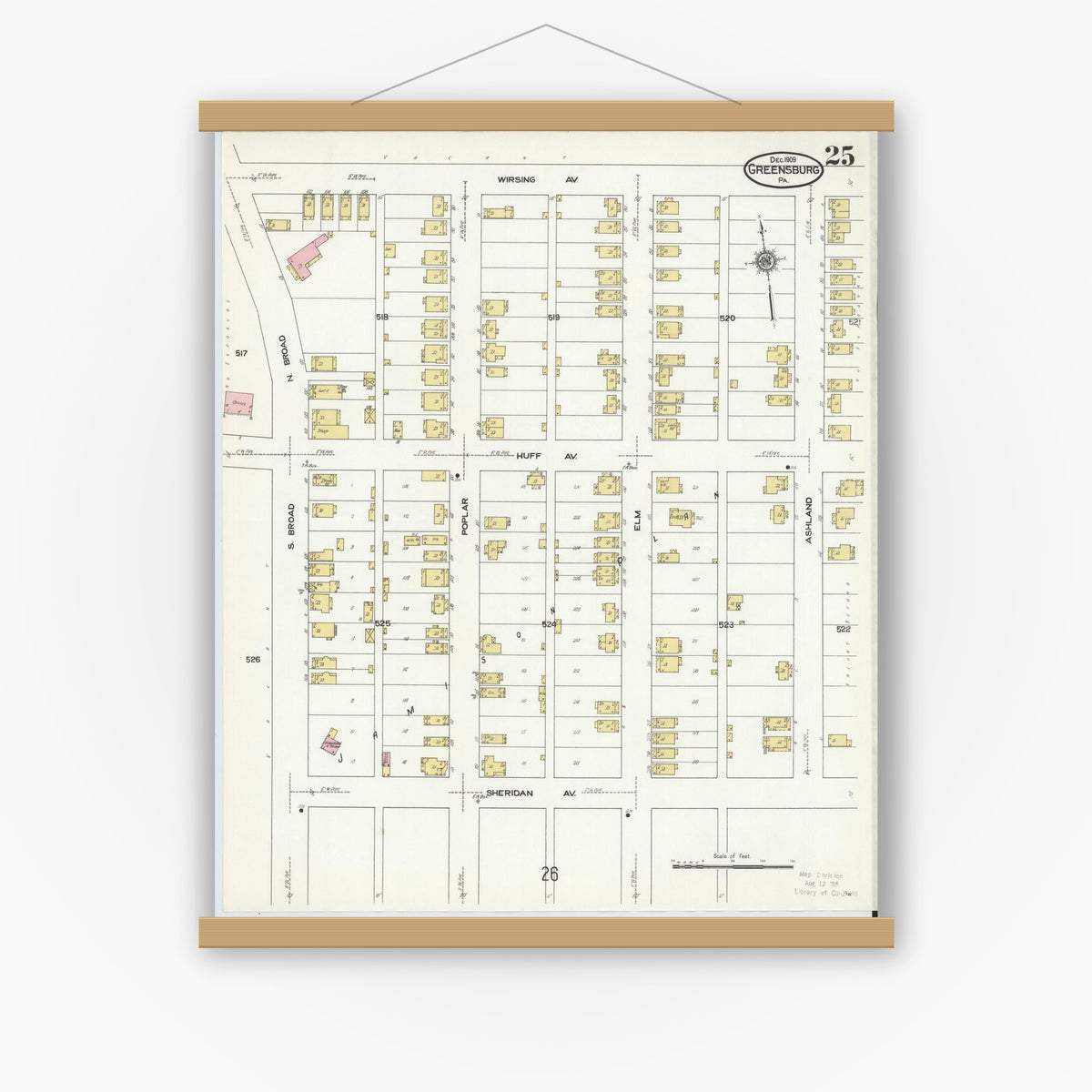 Old map wall art mockup — magnetic wood frame on white wall — Sanborn Fire Insurance Map from Greensburg, Westmoreland County, Pennsylvania (1909), Sheet #0025