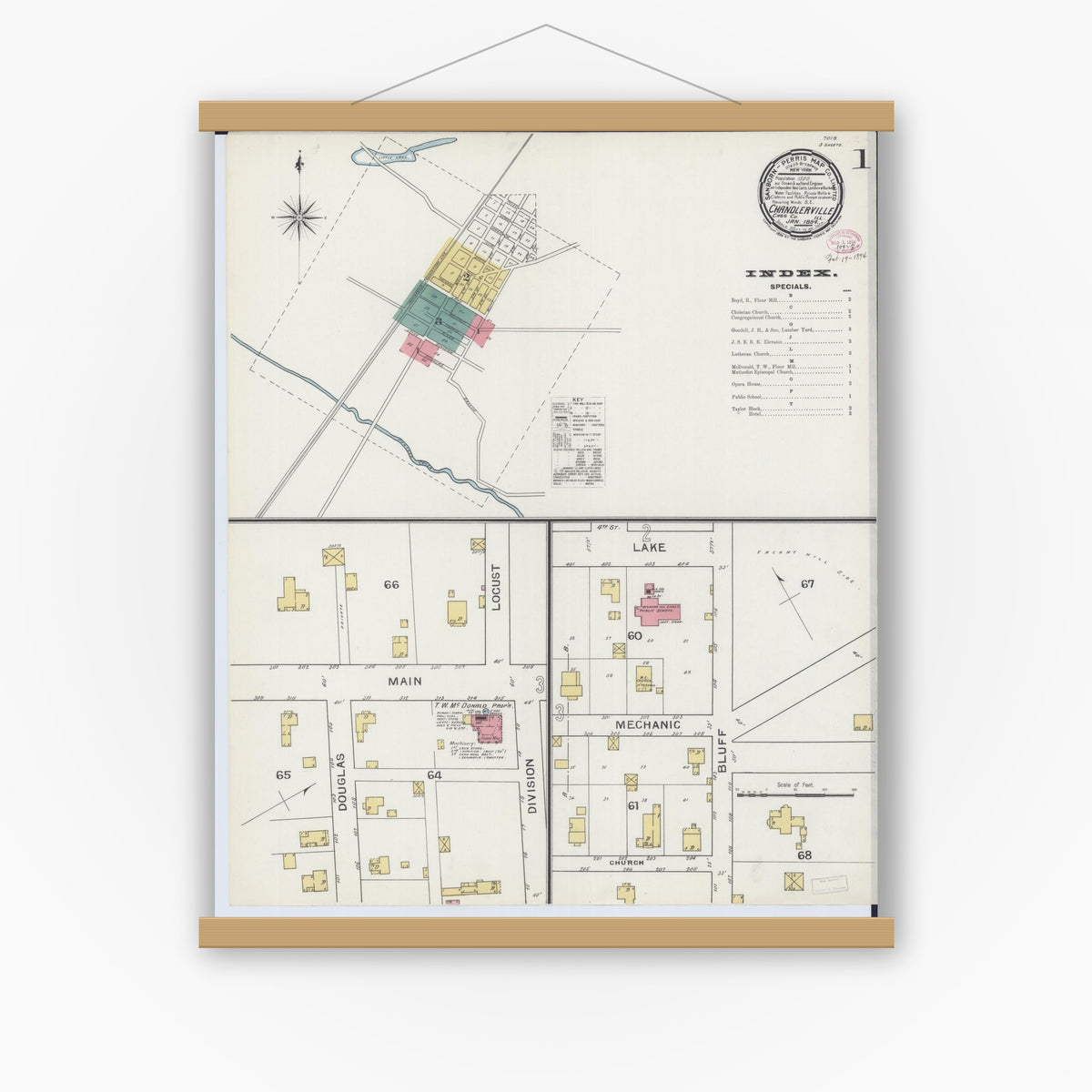 Old map wall art mockup — magnetic wood frame on white wall — Sanborn Fire Insurance Map from Chandlerville, Cass County, Illinois (1894) - Complete Map Set