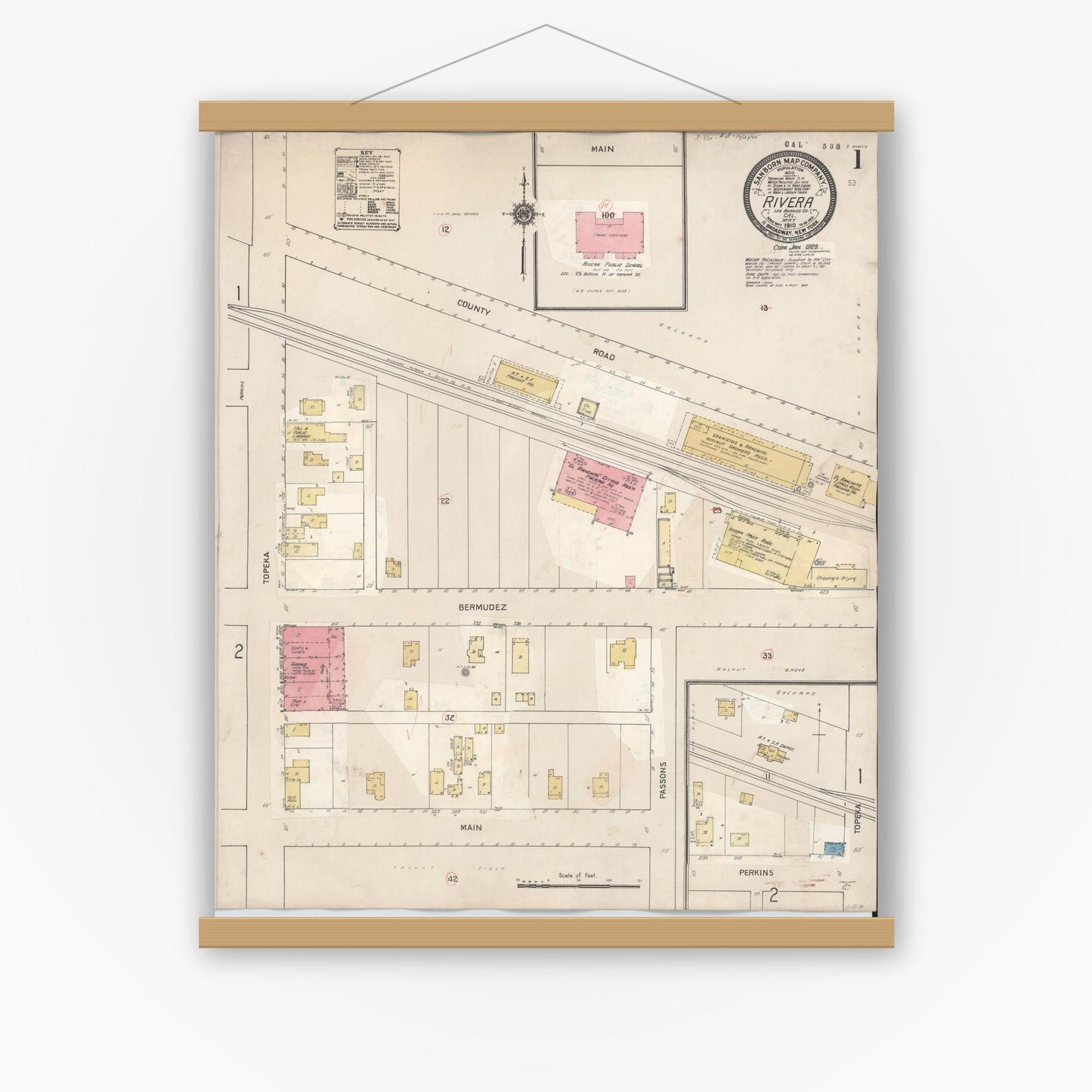 Old map wall art mockup — magnetic wood frame on white wall — Sanborn Fire Insurance Map from Rivera, Los Angeles County, California (1929) - Complete Map Set