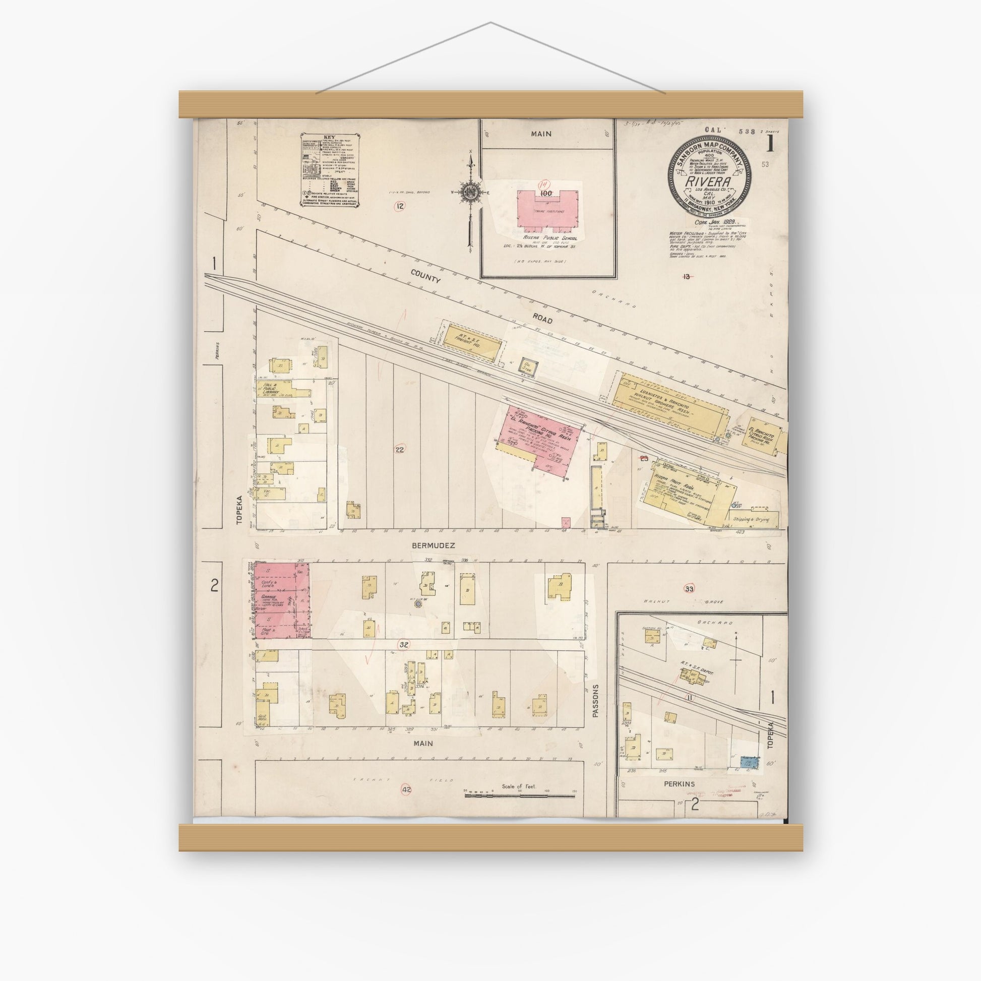 Old map wall art mockup — magnetic wood frame on white wall — Sanborn Fire Insurance Map from Rivera, Los Angeles County, California (1929) - Complete Map Set