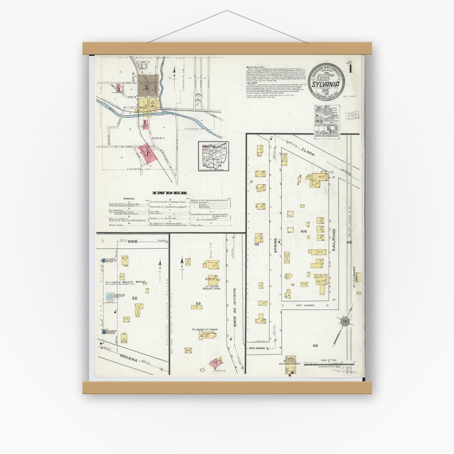 Old map wall art mockup — magnetic wood frame on white wall — Sanborn Fire Insurance Map from Sylvania, Lucas County, Ohio (1919) - Complete Map Set