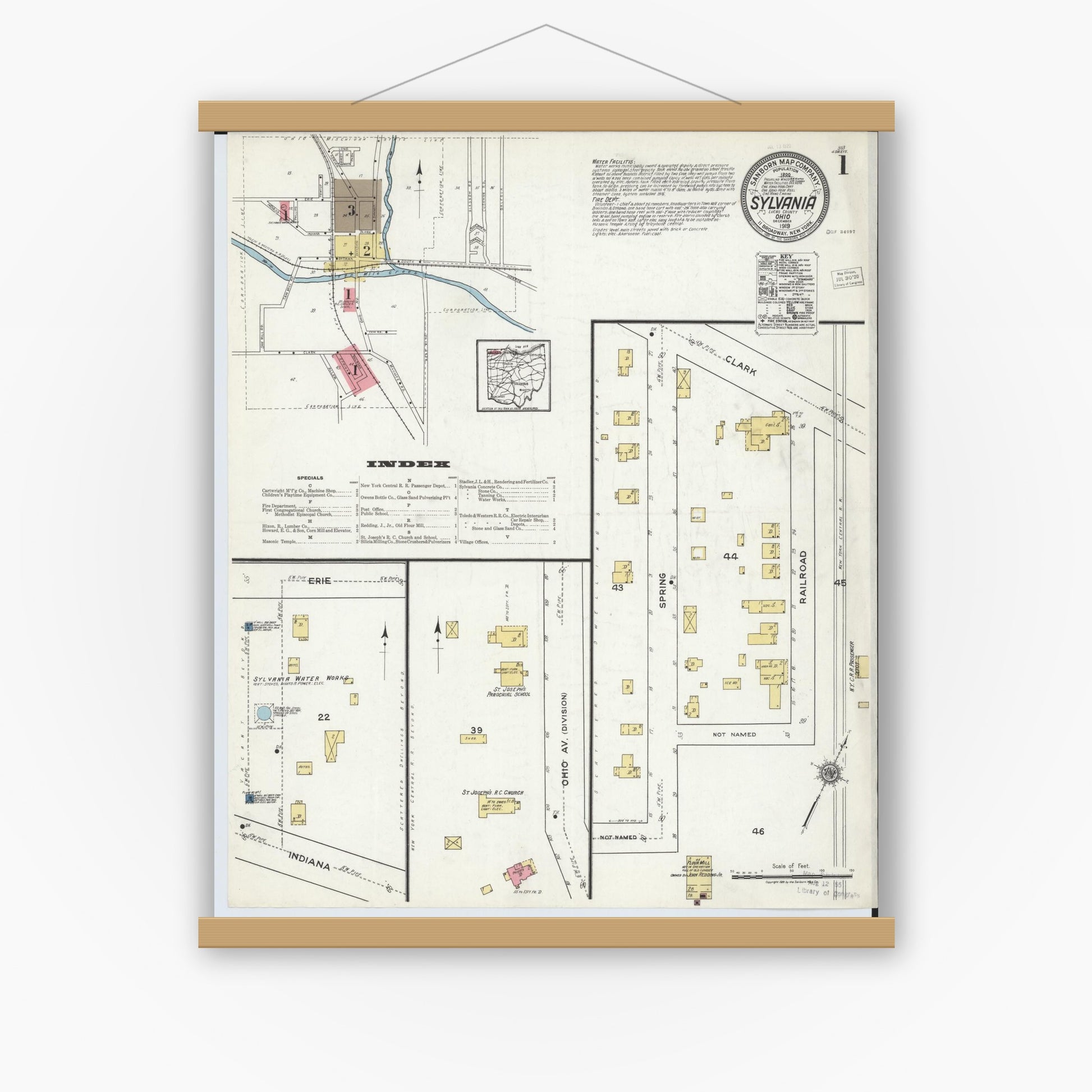 Old map wall art mockup — magnetic wood frame on white wall — Sanborn Fire Insurance Map from Sylvania, Lucas County, Ohio (1919) - Complete Map Set