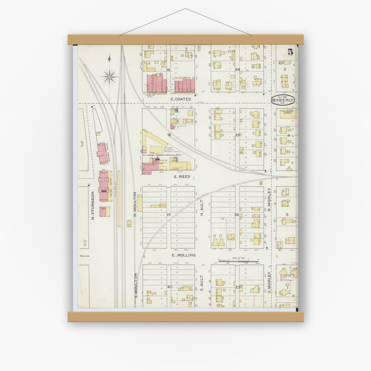 Old map wall art mockup — magnetic wood frame on white wall — Sanborn Fire Insurance Map from Moberly, Randolph County, Missouri (1893), Sheet #0005