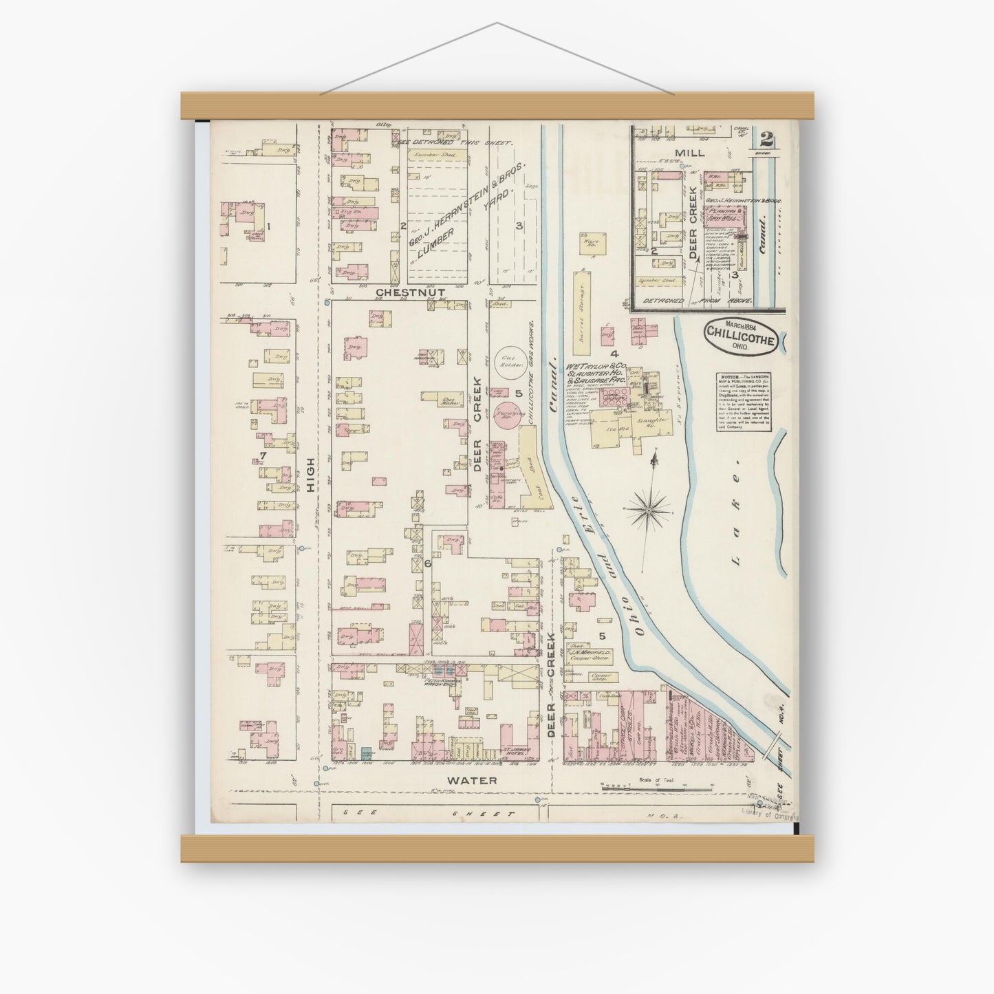 Old map wall art mockup — magnetic wood frame on white wall — Sanborn Fire Insurance Map from Chillicothe, Ross County, Ohio (1884), Sheet #0002