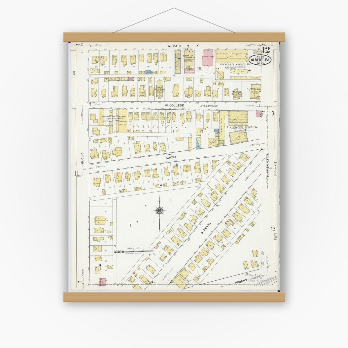 Old map wall art mockup — magnetic wood frame on white wall — Sanborn Fire Insurance Map from Albert Lea, Freeborn County, Minnesota (1918), Sheet #0012
