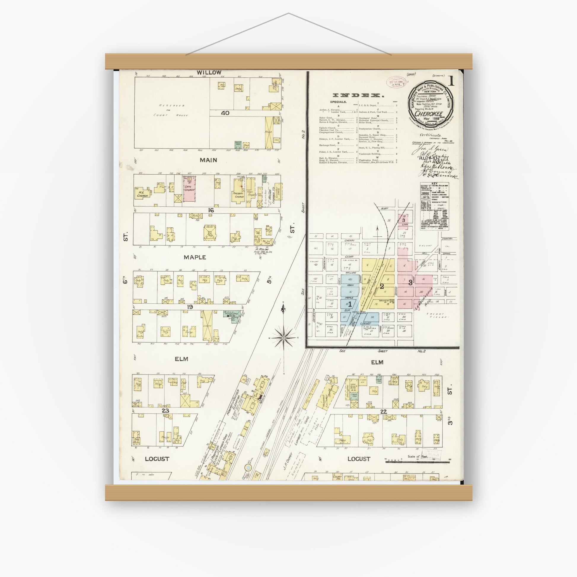 Old map wall art mockup — magnetic wood frame on white wall — Sanborn Fire Insurance Map from Cherokee, Cherokee County, Iowa (1888), Sheet #0001