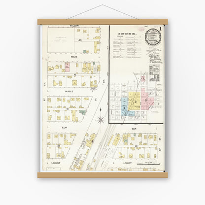 Old map wall art mockup — magnetic wood frame on white wall — Sanborn Fire Insurance Map from Cherokee, Cherokee County, Iowa (1888), Sheet #0001