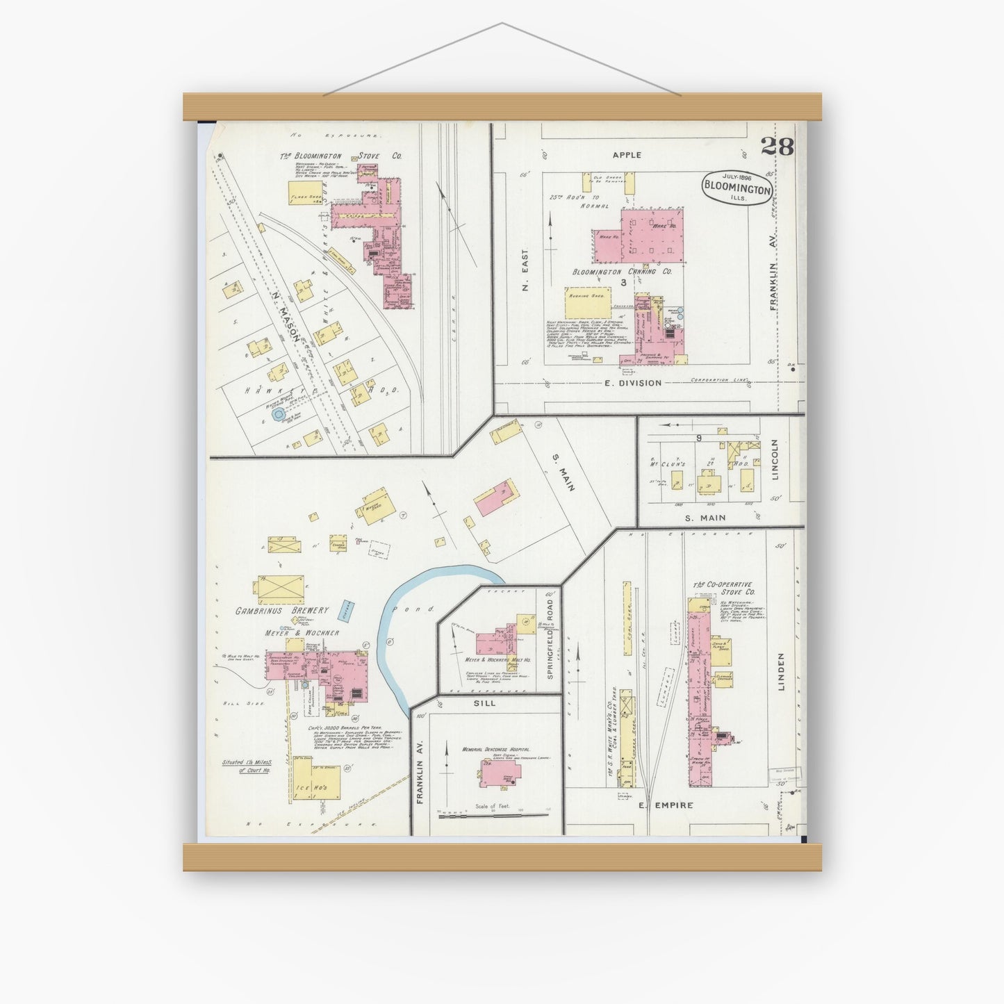 Old map wall art mockup — magnetic wood frame on white wall — Sanborn Fire Insurance Map from Bloomington, McLean County, Illinois (1896), Sheet #0028