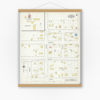 Old map wall art mockup — magnetic wood frame on white wall — Sanborn Fire Insurance Map from Caledonia, Houston County, Minnesota (1915), Sheet #0002