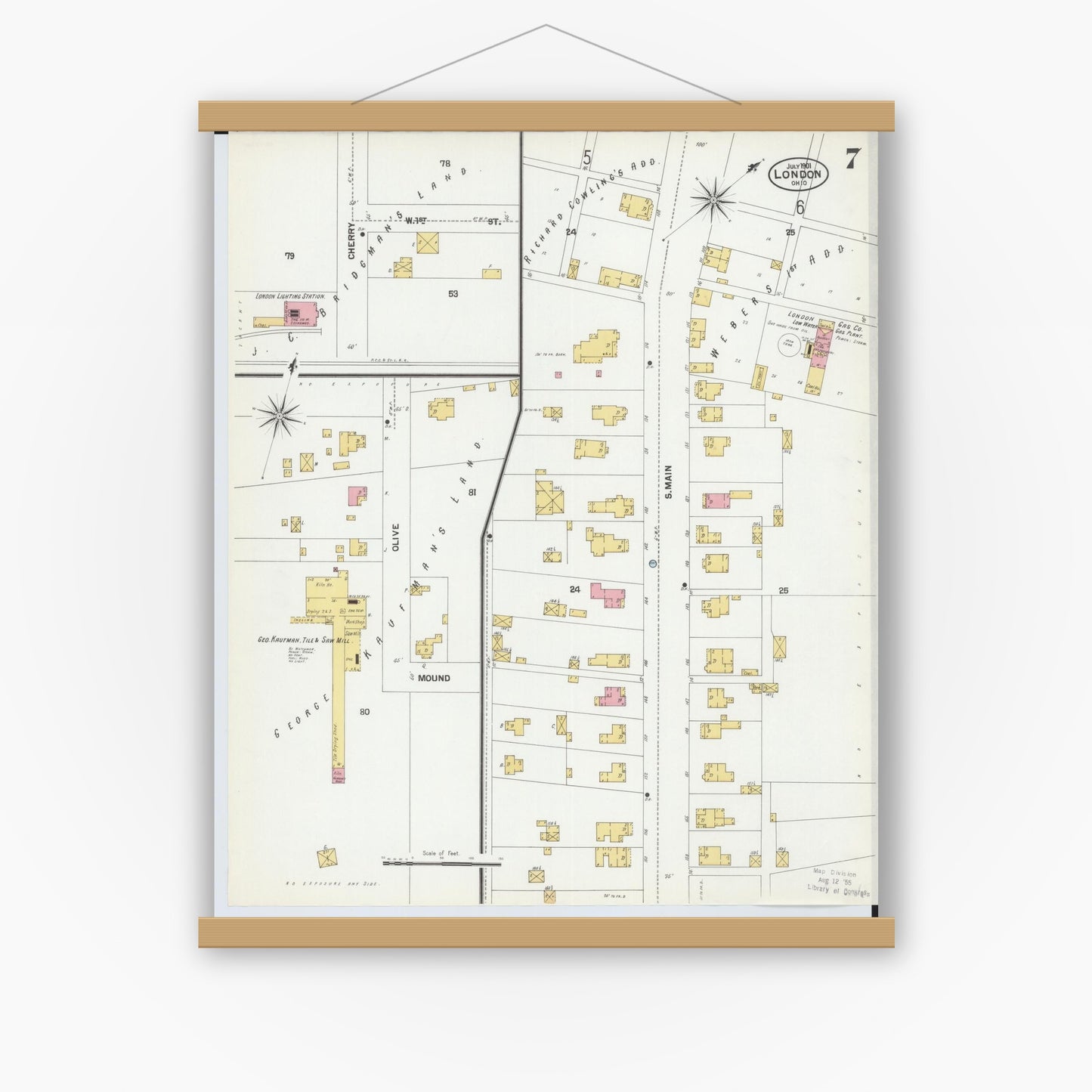 Old map wall art mockup — magnetic wood frame on white wall — Sanborn Fire Insurance Map from London, Madison County, Ohio (1901), Sheet #0007