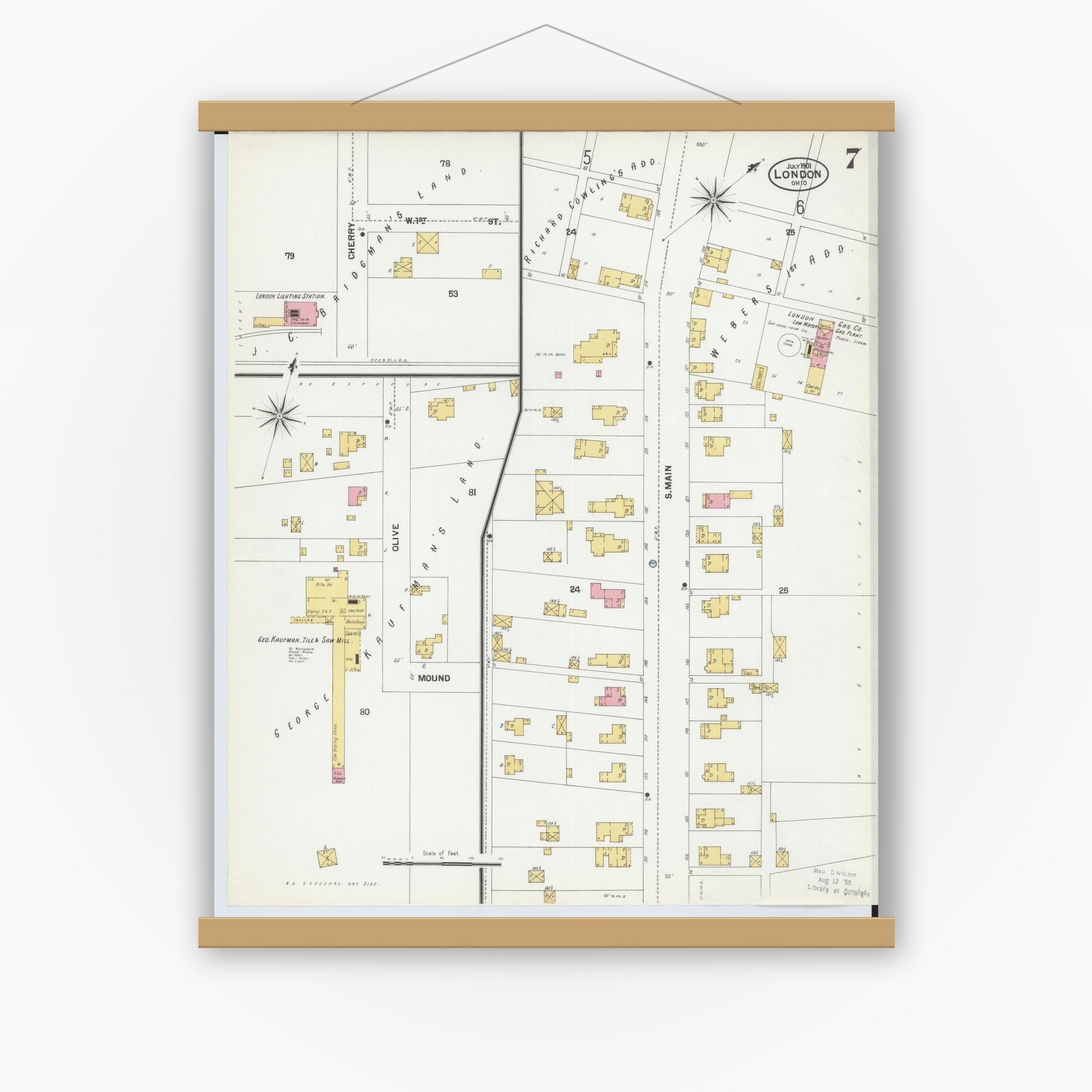 Old map wall art mockup — magnetic wood frame on white wall — Sanborn Fire Insurance Map from London, Madison County, Ohio (1901), Sheet #0007