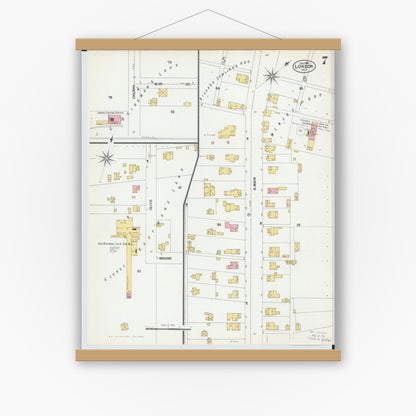 Old map wall art mockup — magnetic wood frame on white wall — Sanborn Fire Insurance Map from London, Madison County, Ohio (1901), Sheet #0007