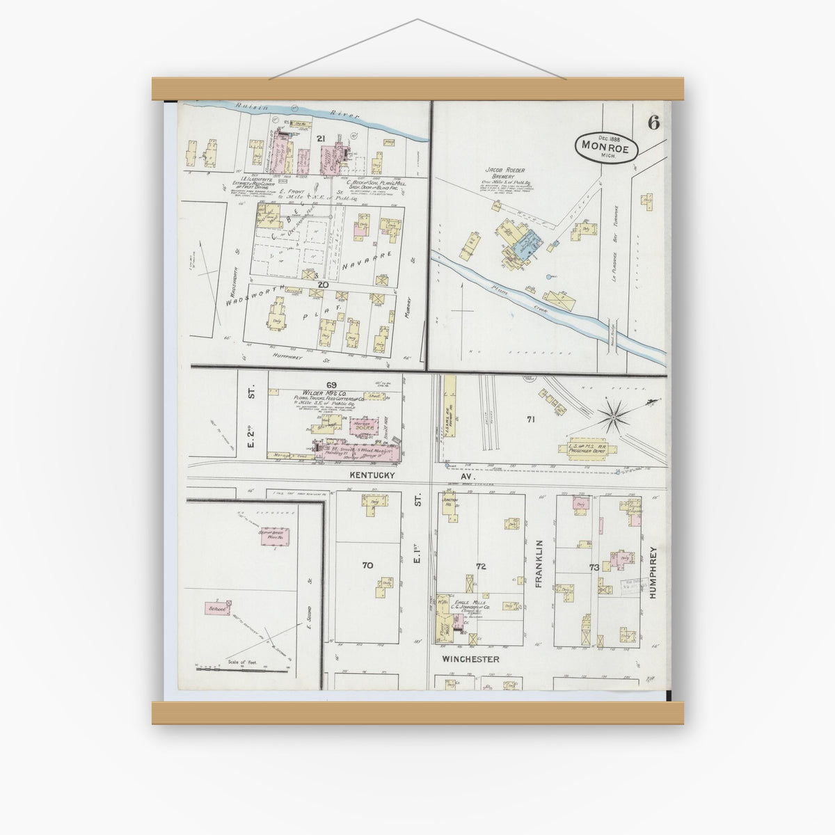 Old map wall art mockup — magnetic wood frame on white wall — Sanborn Fire Insurance Map from Monroe, Monroe County, Michigan (1888), Sheet #0006