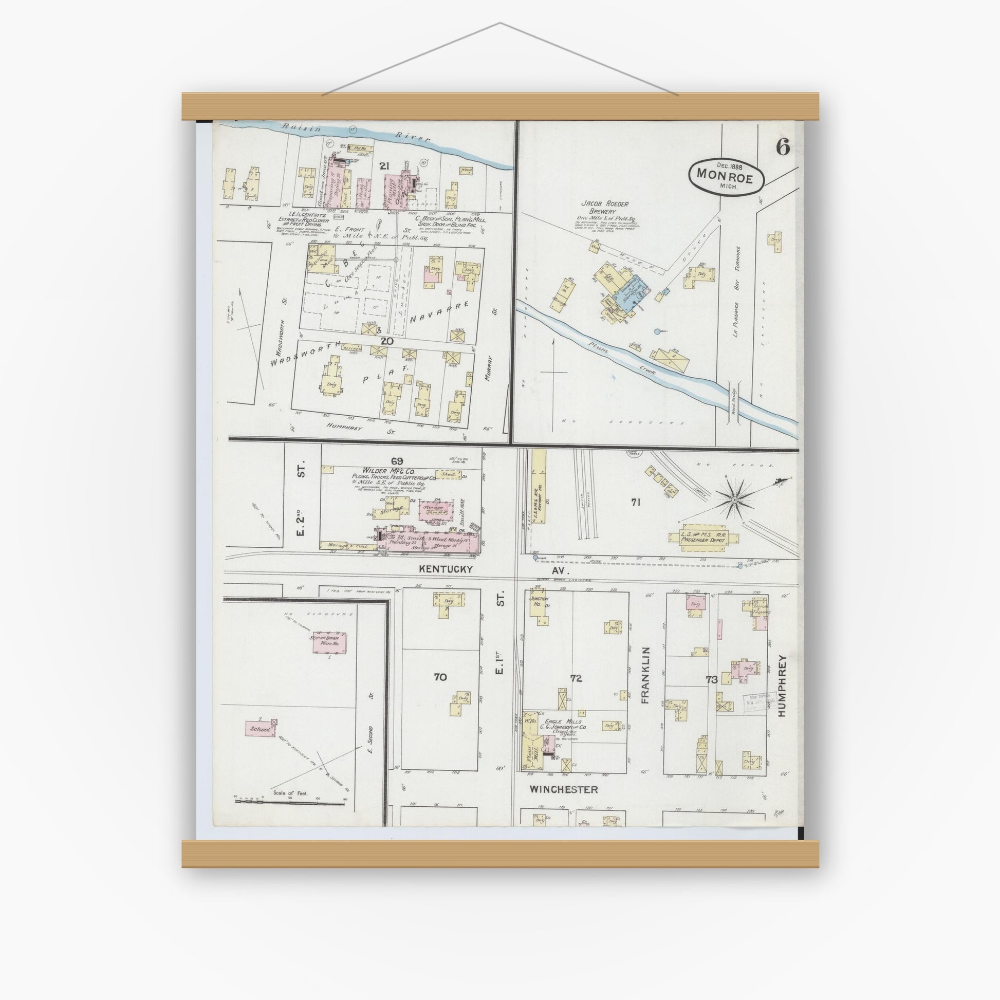 Old map wall art mockup — magnetic wood frame on white wall — Sanborn Fire Insurance Map from Monroe, Monroe County, Michigan (1888), Sheet #0006