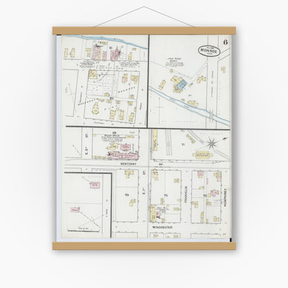 Old map wall art mockup — magnetic wood frame on white wall — Sanborn Fire Insurance Map from Monroe, Monroe County, Michigan (1888), Sheet #0006
