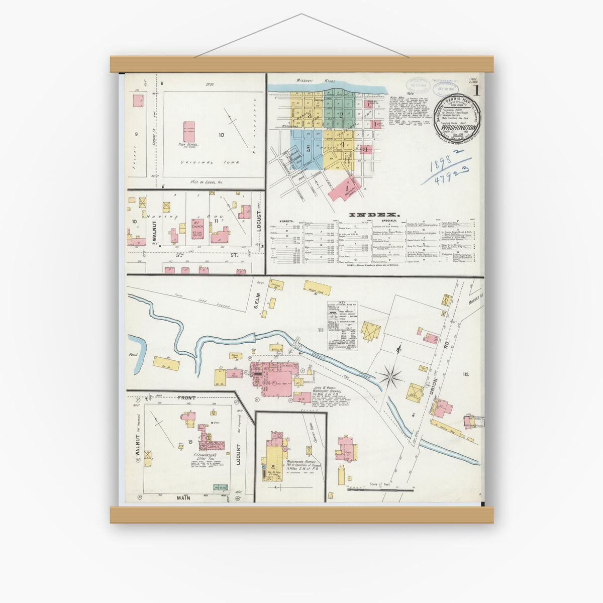 Old map wall art mockup — magnetic wood frame on white wall — Sanborn Fire Insurance Map from Washington, Franklin County, Missouri (1898), Sheet #0001