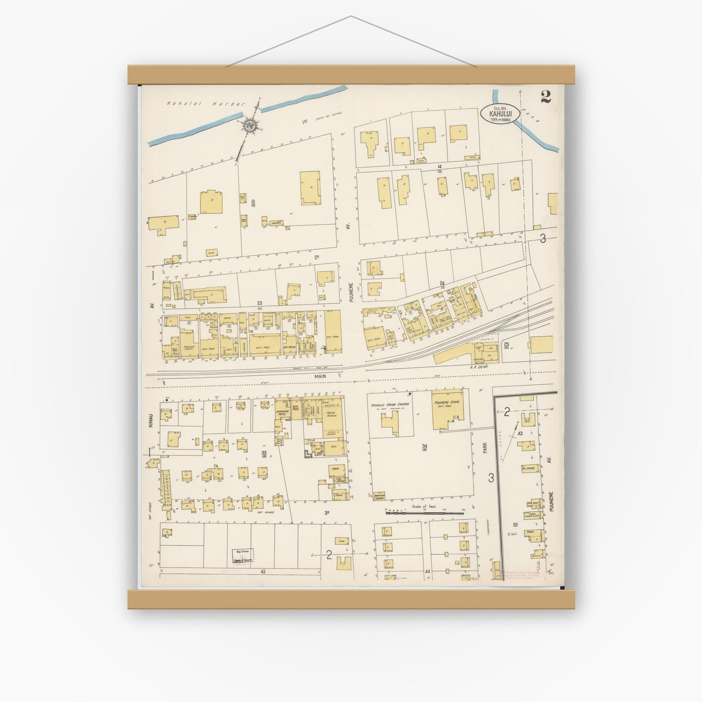 Old map wall art mockup — magnetic wood frame on white wall — Sanborn Fire Insurance Map from Kahului, Maui County, Hawaii (1914), Sheet #0002