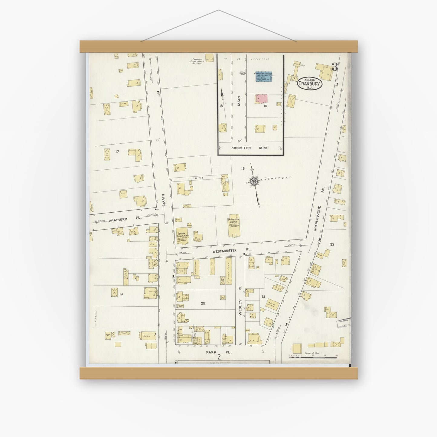 Old map wall art mockup — magnetic wood frame on white wall — Sanborn Fire Insurance Map from Cranbury, Middlesex County, New Jersey (1916), Sheet #0003