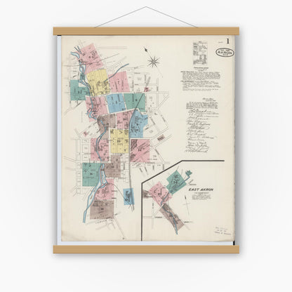 Old map wall art mockup — magnetic wood frame on white wall — Sanborn Fire Insurance Map from Akron, Summit County, Ohio (1886), Sheet #0001