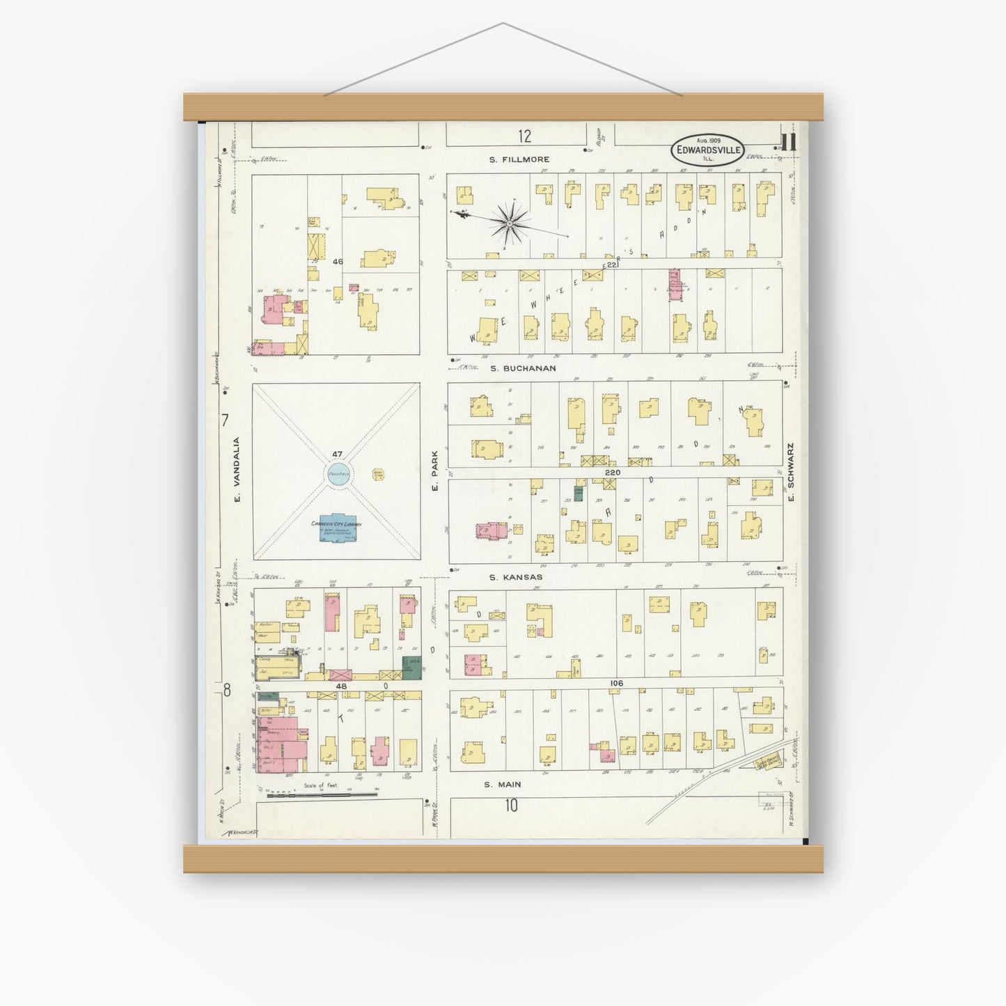 Old map wall art mockup — magnetic wood frame on white wall — Sanborn Fire Insurance Map from Edwardsville, Madison County, Illinois (1909), Sheet #0011