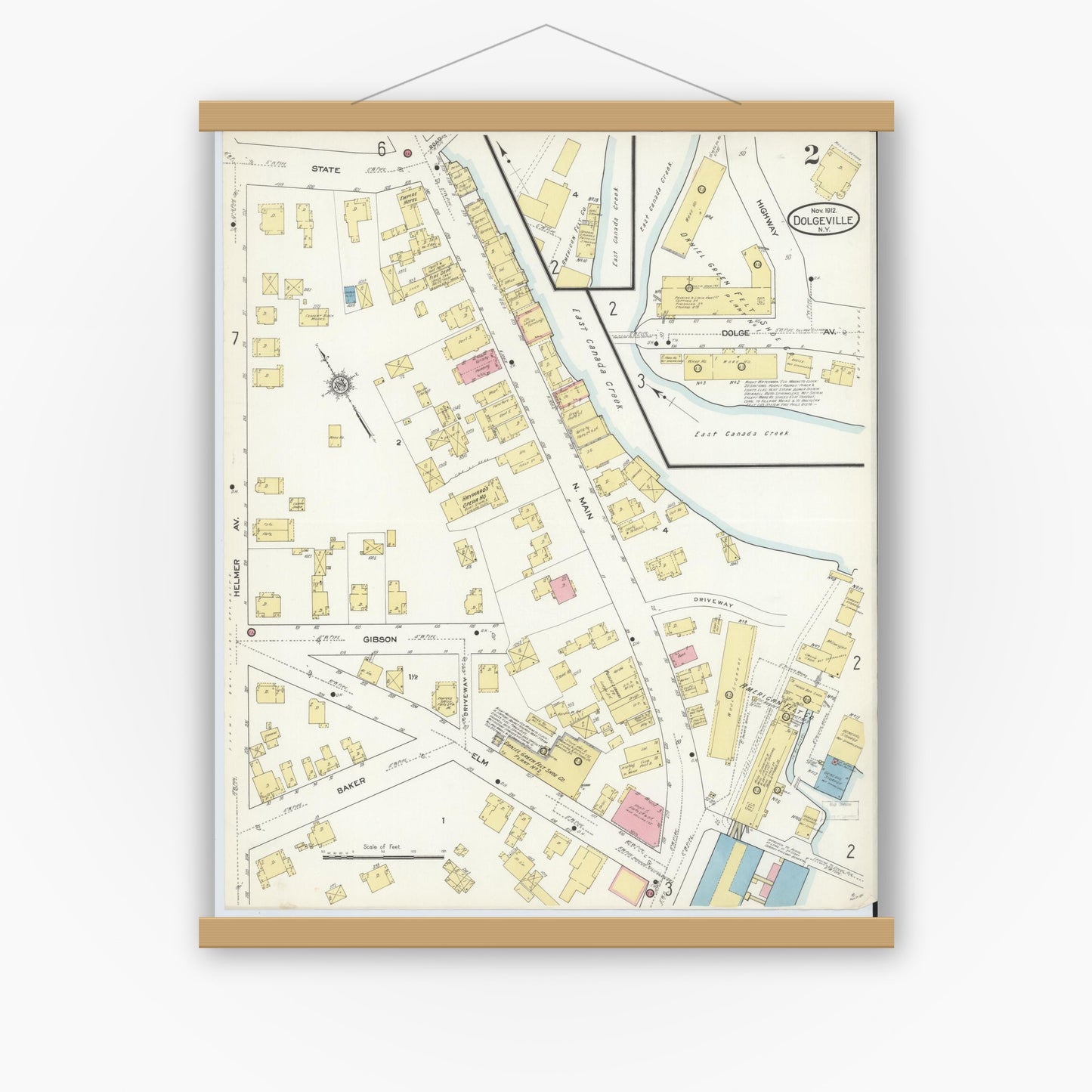 Old map wall art mockup — magnetic wood frame on white wall — Sanborn Fire Insurance Map from Dolgeville, Hirkimer County, New York (1912), Sheet #0002