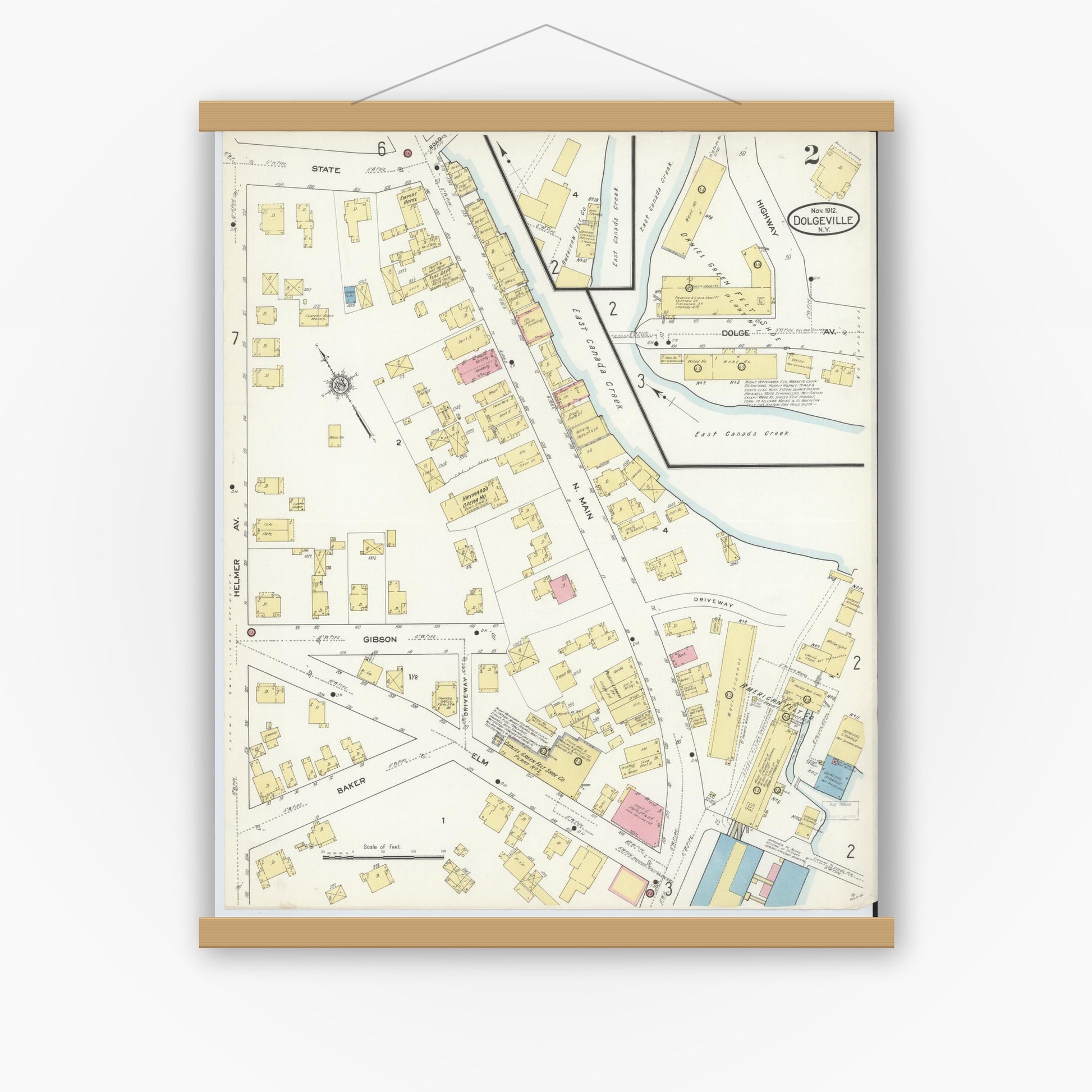 Old map wall art mockup — magnetic wood frame on white wall — Sanborn Fire Insurance Map from Dolgeville, Hirkimer County, New York (1912), Sheet #0002
