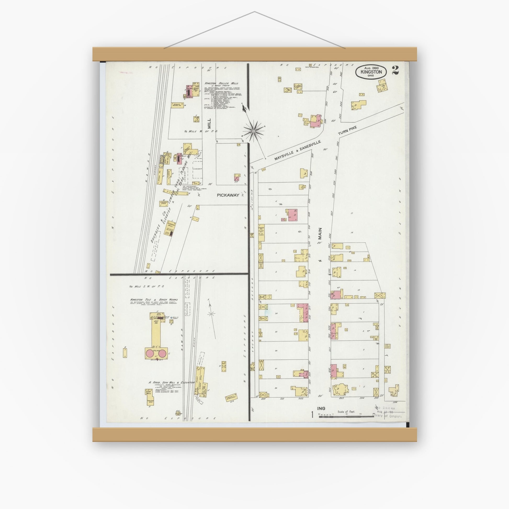 Old map wall art mockup — magnetic wood frame on white wall — Sanborn Fire Insurance Map from Kingston, Ross County, Ohio (1900), Sheet #0002