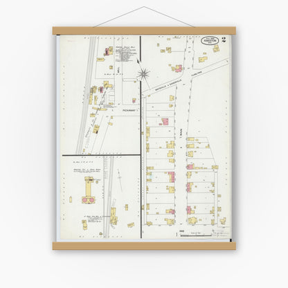 Old map wall art mockup — magnetic wood frame on white wall — Sanborn Fire Insurance Map from Kingston, Ross County, Ohio (1900), Sheet #0002