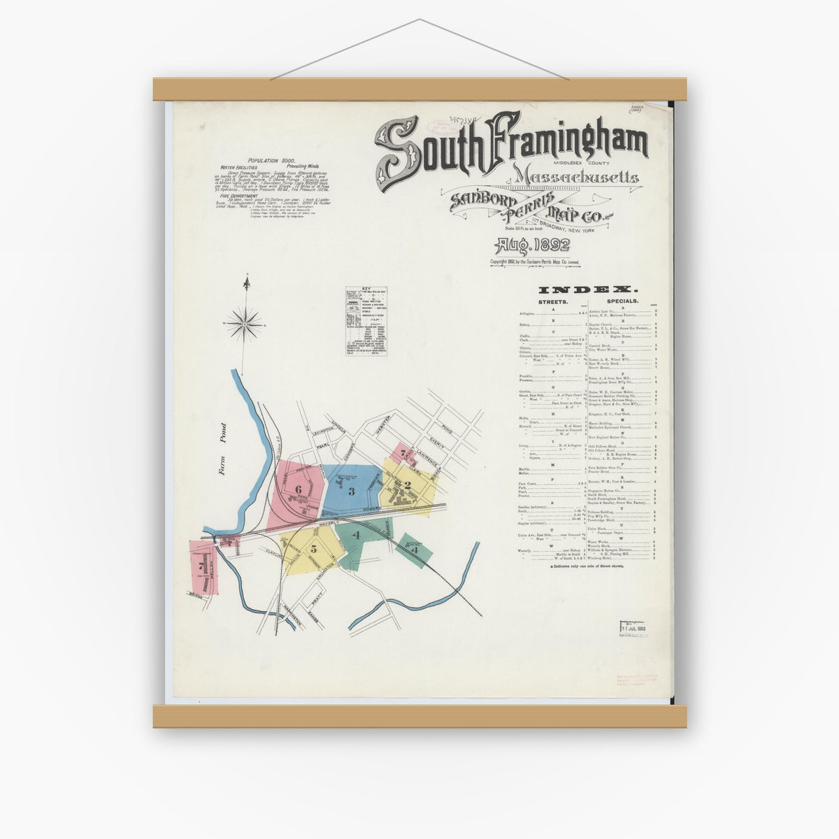 Old map wall art mockup — magnetic wood frame on white wall — Sanborn Fire Insurance Map from South Farmington, Middlesex County, Massachusetts (1892), Sheet #0001