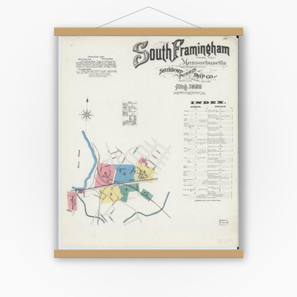 Old map wall art mockup — magnetic wood frame on white wall — Sanborn Fire Insurance Map from South Farmington, Middlesex County, Massachusetts (1892), Sheet #0001