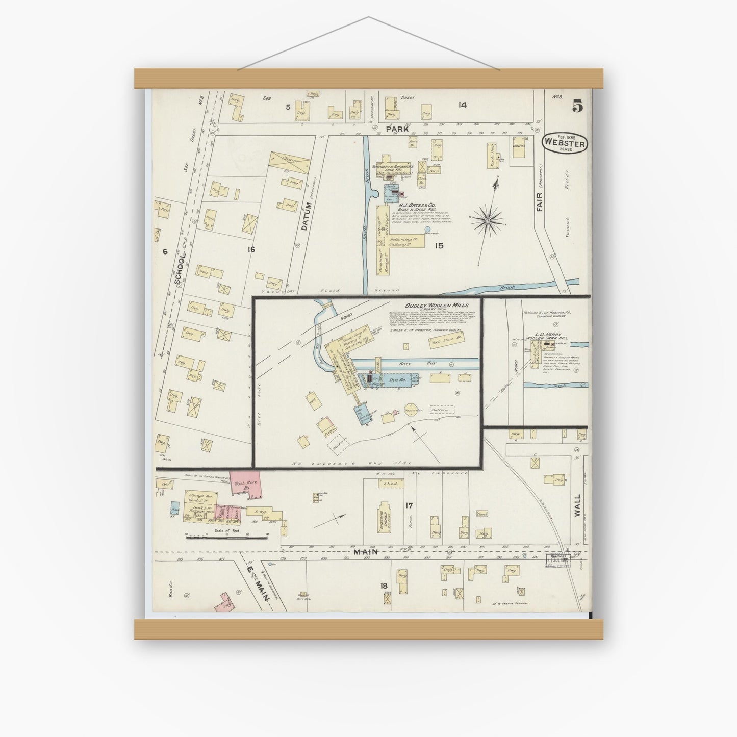 Old map wall art mockup — magnetic wood frame on white wall — Sanborn Fire Insurance Map from Webster, Worcester County, Massachusetts (1888), Sheet #0005