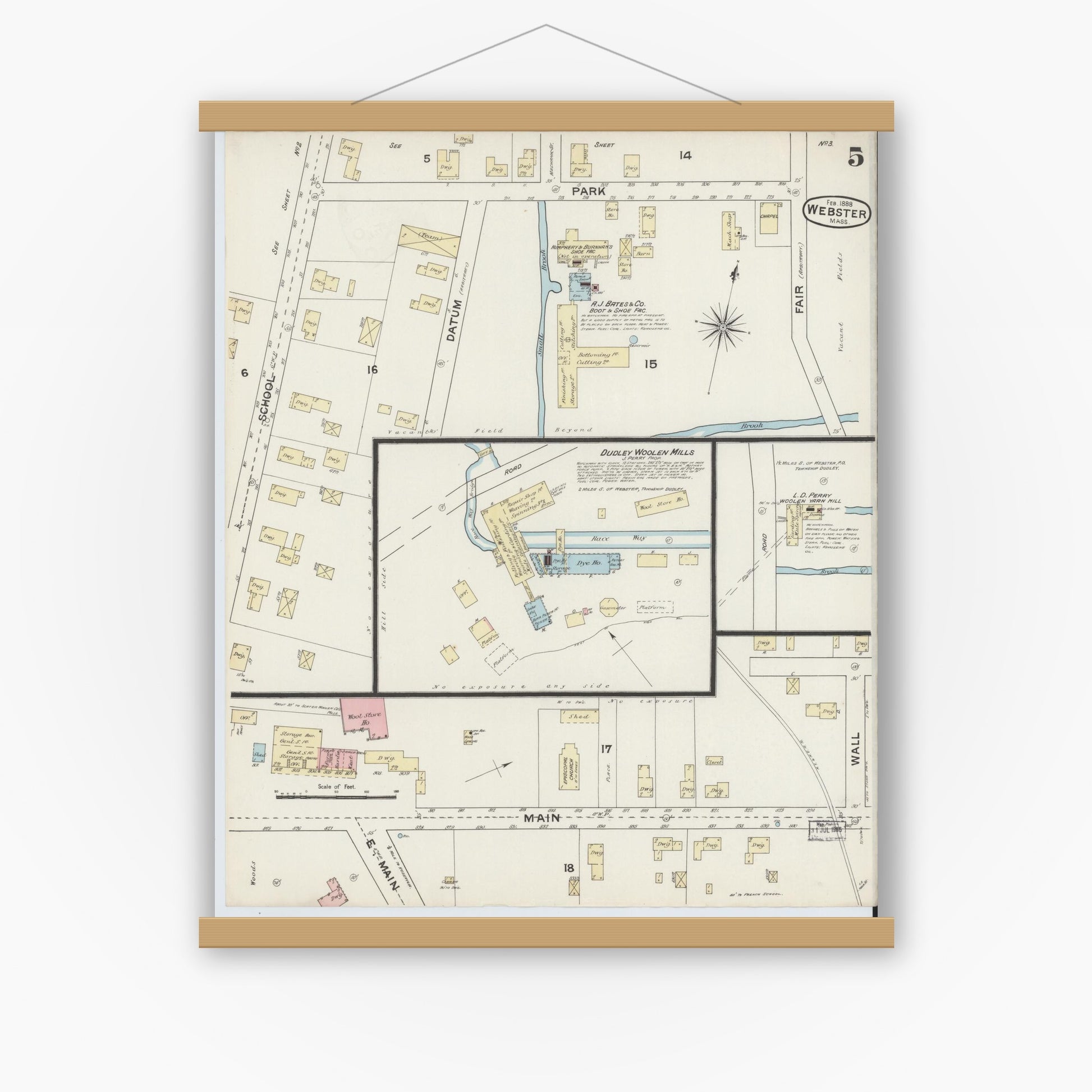Old map wall art mockup — magnetic wood frame on white wall — Sanborn Fire Insurance Map from Webster, Worcester County, Massachusetts (1888), Sheet #0005