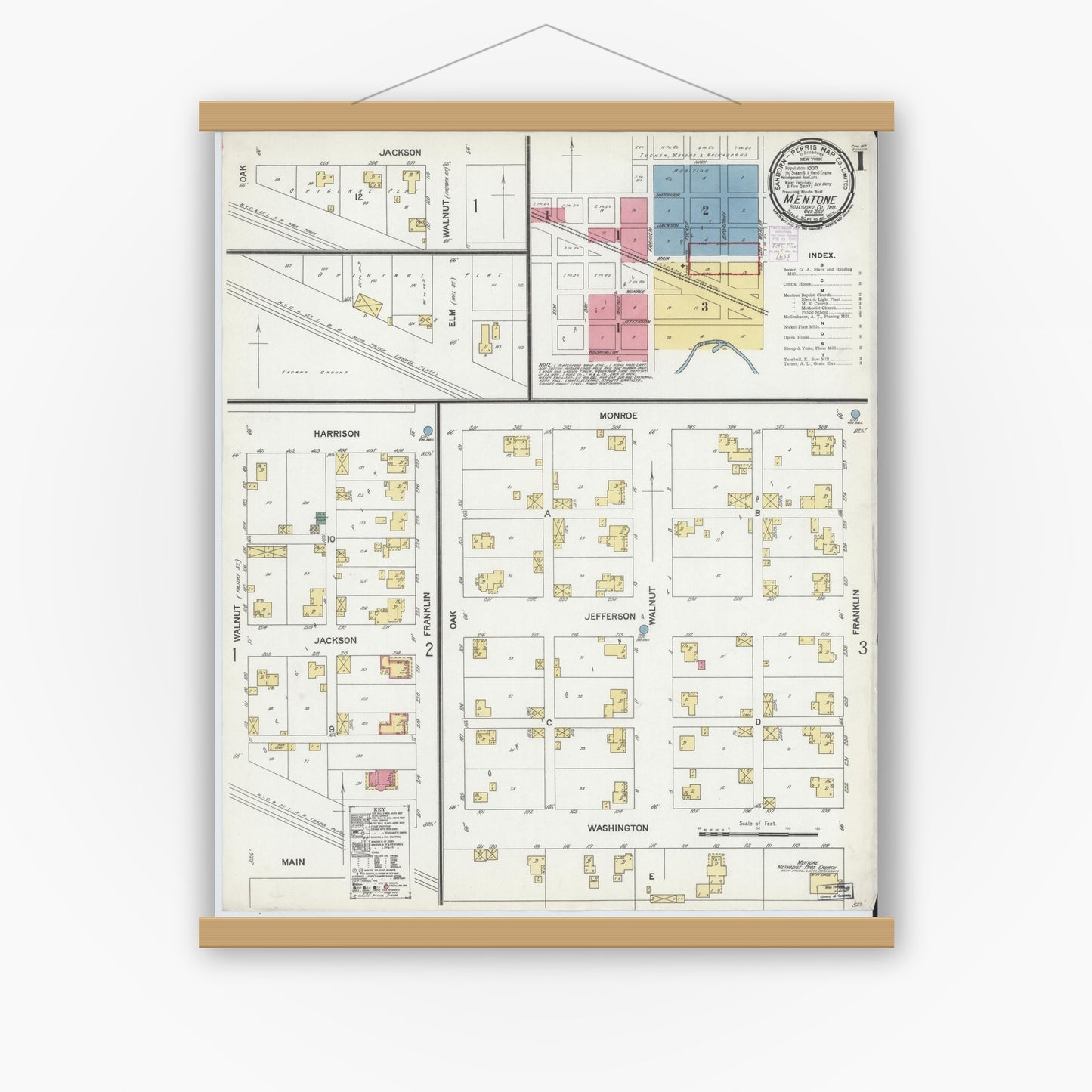 Old map wall art mockup — magnetic wood frame on white wall — Sanborn Fire Insurance Map from Mentone, Kosciusko County, Indiana (1901) - Complete Map Set