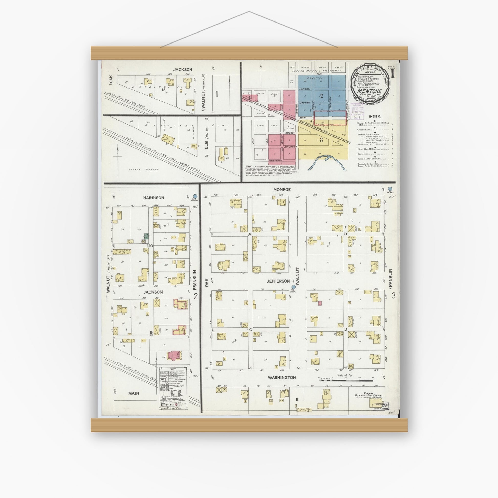 Old map wall art mockup — magnetic wood frame on white wall — Sanborn Fire Insurance Map from Mentone, Kosciusko County, Indiana (1901) - Complete Map Set