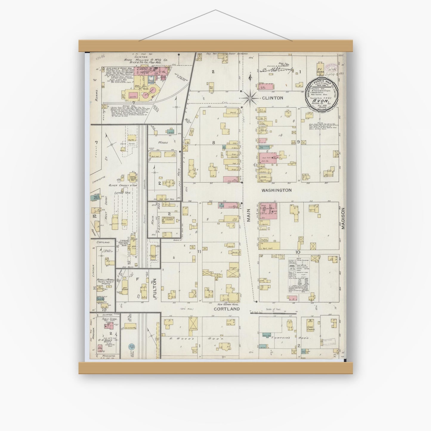 Old map wall art mockup — magnetic wood frame on white wall — Sanborn Fire Insurance Map from Avon, Fulton County, Illinois (1893), Sheet #0001