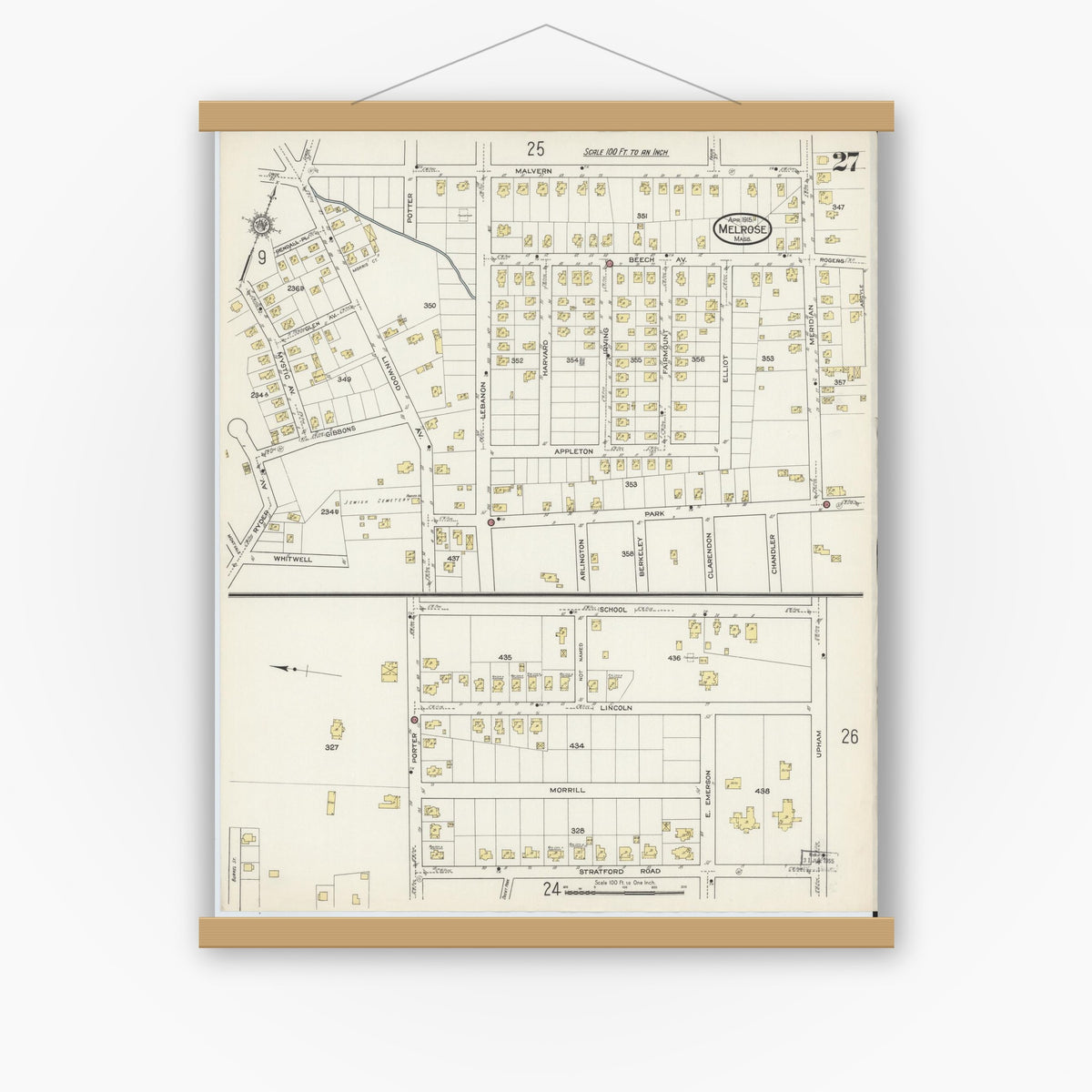 Old map wall art mockup — magnetic wood frame on white wall — Sanborn Fire Insurance Map from Melrose, Middlesex County, Massachusetts (1915), Sheet #0027