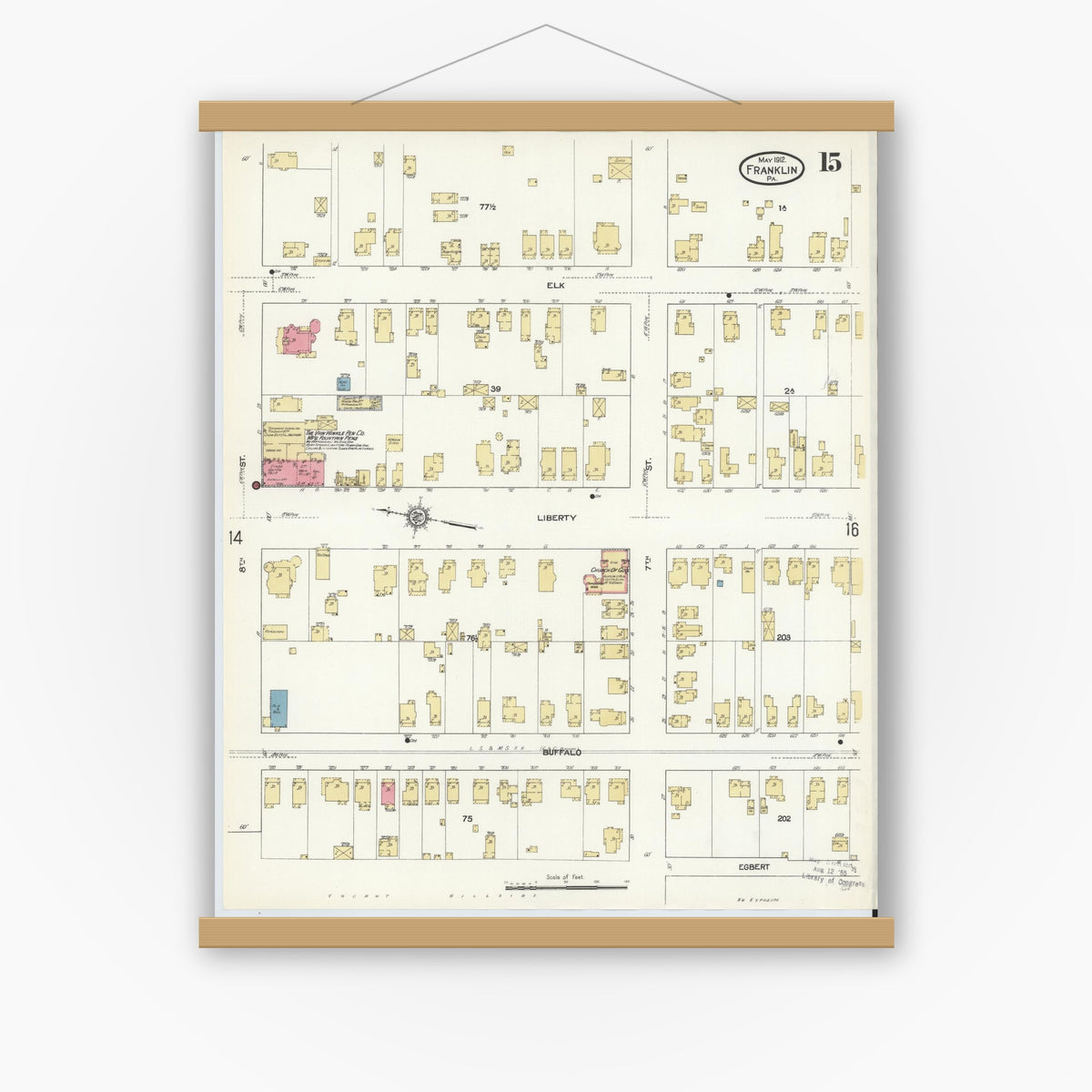 Old map wall art mockup — magnetic wood frame on white wall — Sanborn Fire Insurance Map from Franklin, Venango County, Pennsylvania (1912), Sheet #0015
