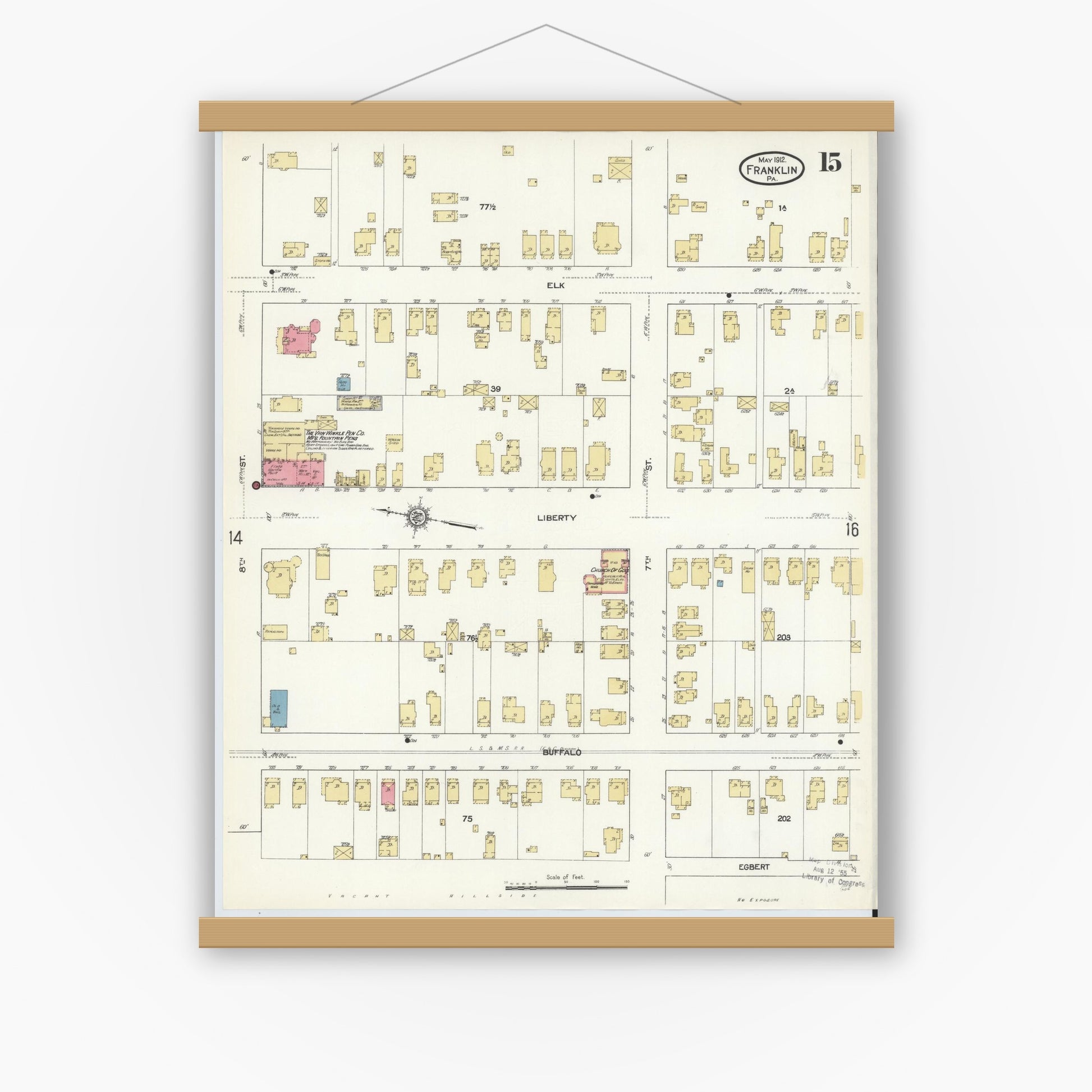 Old map wall art mockup — magnetic wood frame on white wall — Sanborn Fire Insurance Map from Franklin, Venango County, Pennsylvania (1912), Sheet #0015