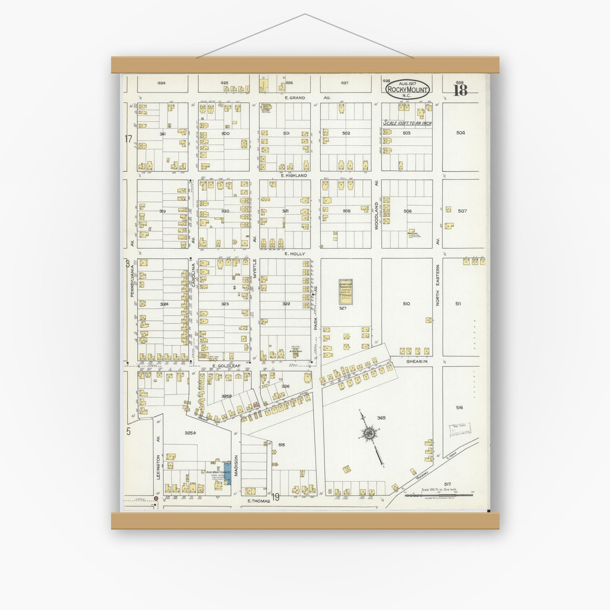 Old map wall art mockup — magnetic wood frame on white wall — Sanborn Fire Insurance Map from Rocky Mount, Edgecombe And Nash Counties, North Carolina (1917), Sheet #0018
