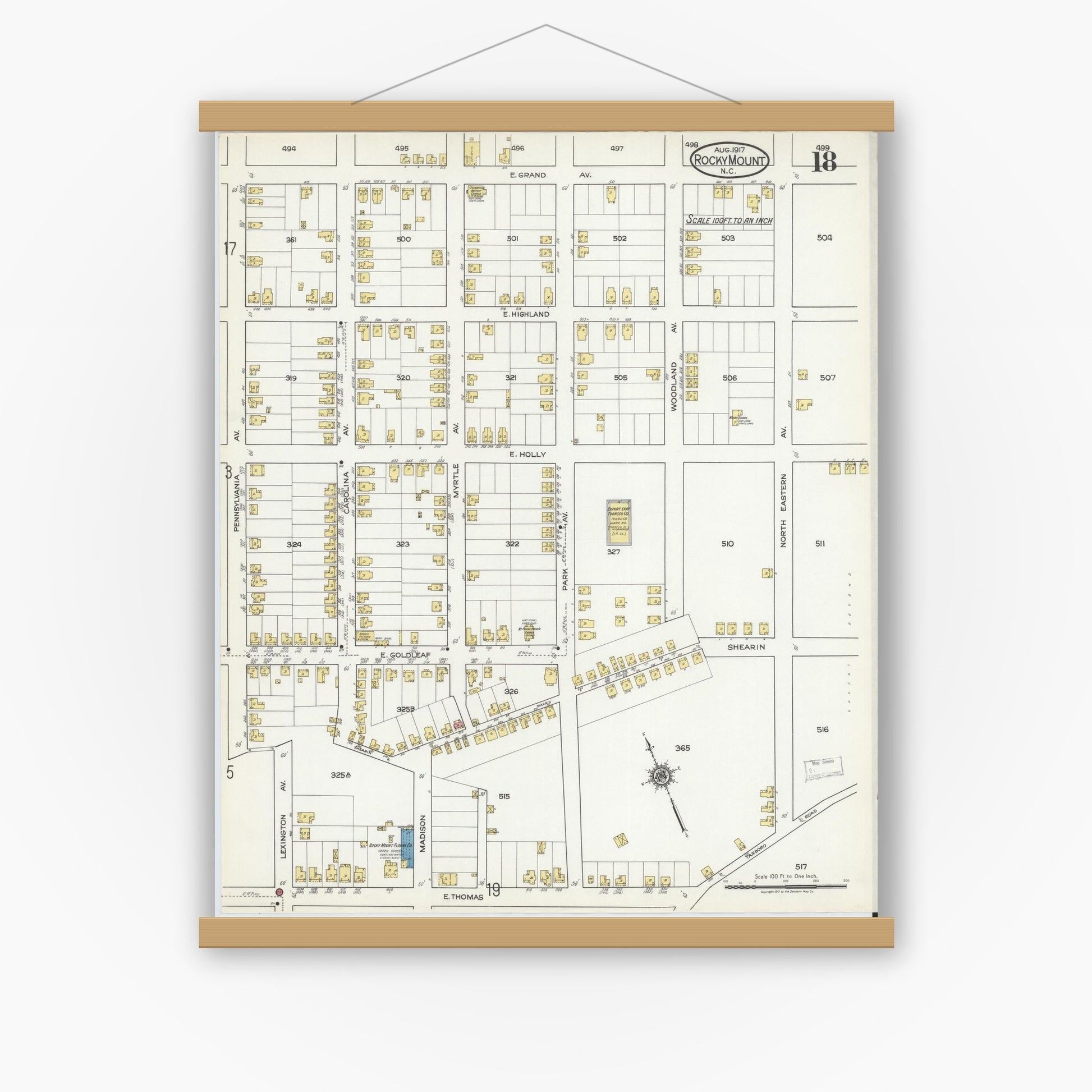 Old map wall art mockup — magnetic wood frame on white wall — Sanborn Fire Insurance Map from Rocky Mount, Edgecombe And Nash Counties, North Carolina (1917), Sheet #0018