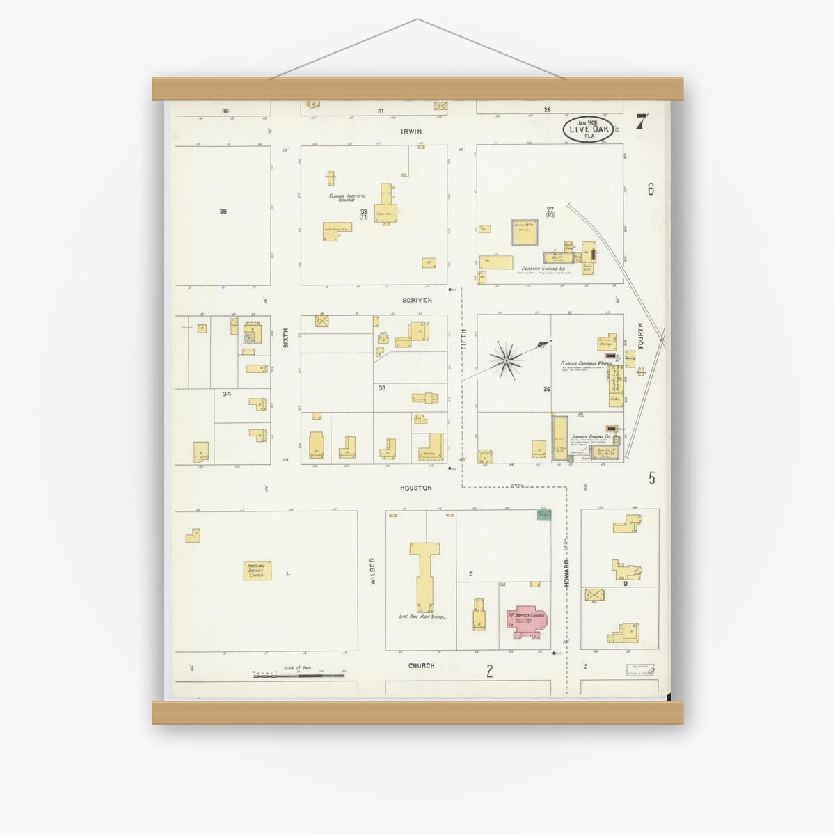 Old map wall art mockup — magnetic wood frame on white wall — Sanborn Fire Insurance Map from Live Oak, Suwanee County, Florida (1906), Sheet #0007