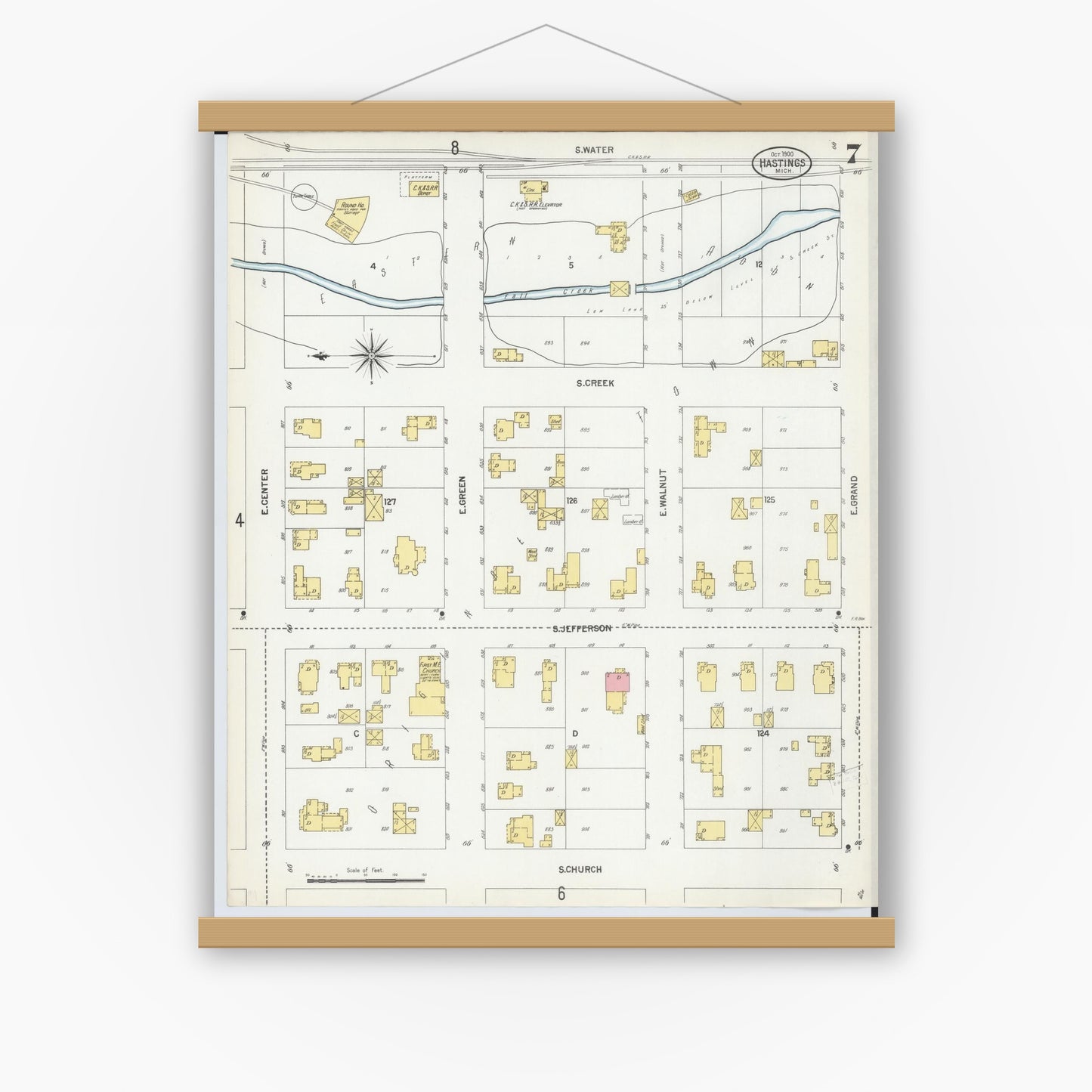 Old map wall art mockup — magnetic wood frame on white wall — Sanborn Fire Insurance Map from Hastings, Barry County, Michigan (1900), Sheet #0007