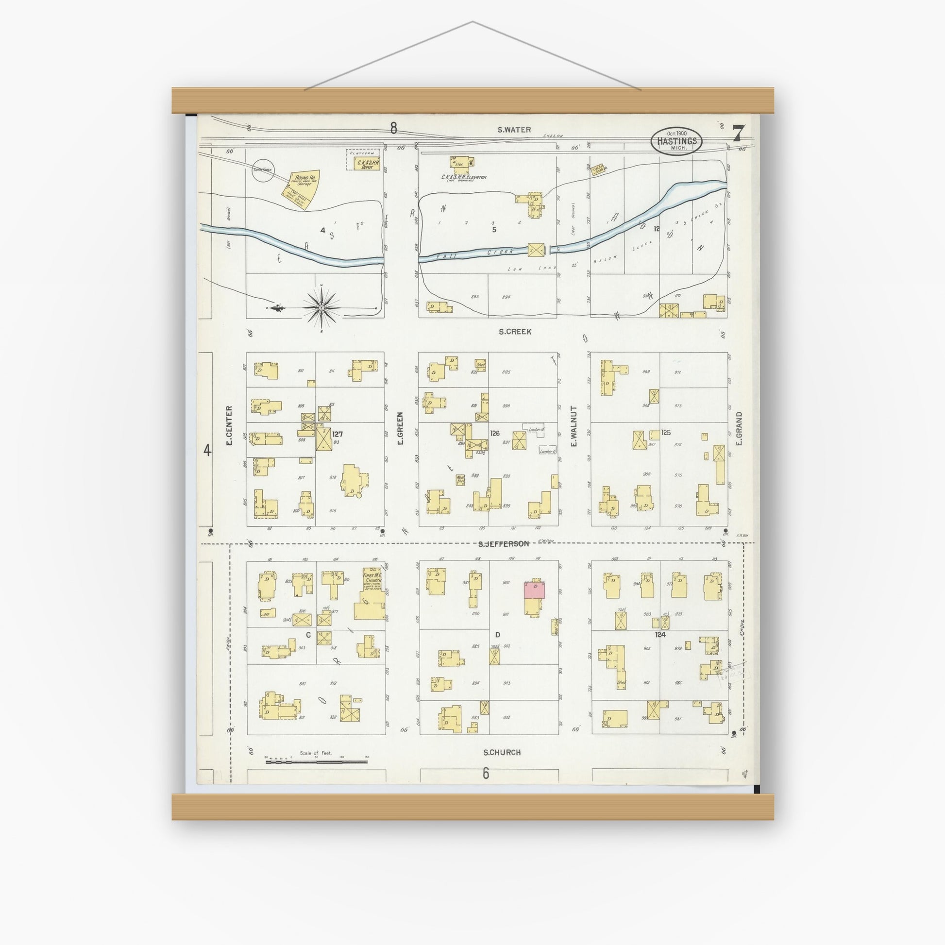 Old map wall art mockup — magnetic wood frame on white wall — Sanborn Fire Insurance Map from Hastings, Barry County, Michigan (1900), Sheet #0007