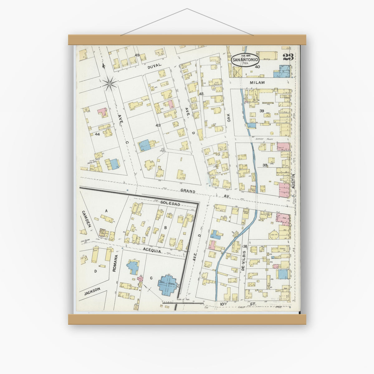 Old map wall art mockup — magnetic wood frame on white wall — Sanborn Fire Insurance Map from San Antonio, Bexar County, Texas (1892), Sheet #0023