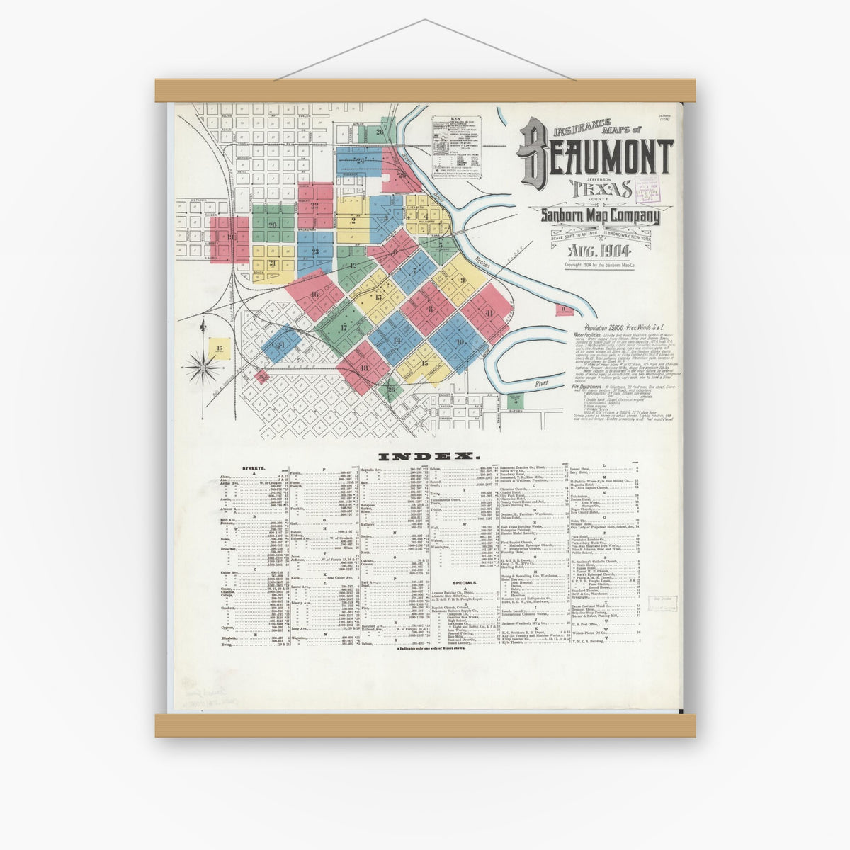 Old map wall art mockup — magnetic wood frame on white wall — Sanborn Fire Insurance Map from Beaumont, Jefferson County, Texas (1904) - Complete Map Set