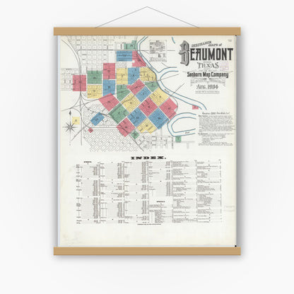 Old map wall art mockup — magnetic wood frame on white wall — Sanborn Fire Insurance Map from Beaumont, Jefferson County, Texas (1904) - Complete Map Set